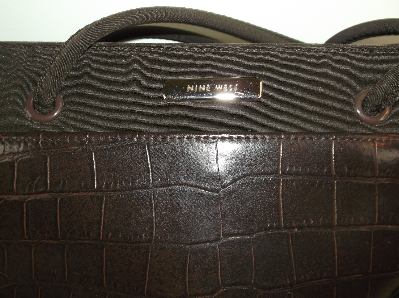 Nine West Crocodile Front Faux Leather/Nylon Brown Satchel Handbag NWOT