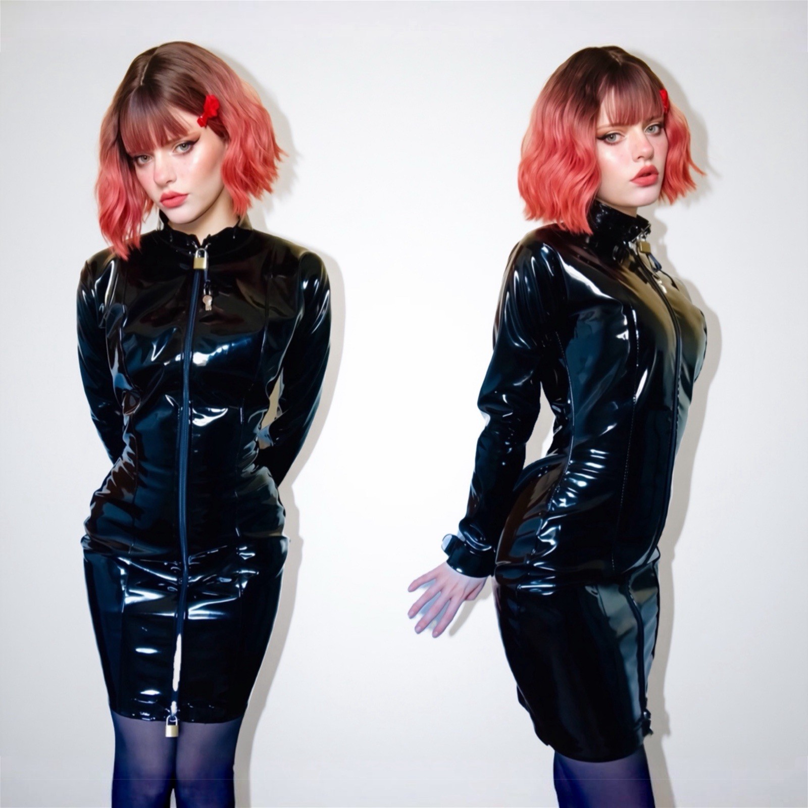 Misfitz black PVC padlock dress, lockable cuffs. Two way zip. SIZE 18. CD Goth.