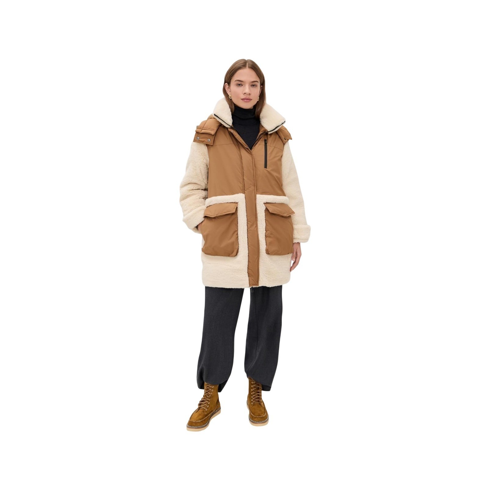 UGG W Kaysin Down Parka Chestnut Cream Mixed Media Shearling Coat 1171465 M