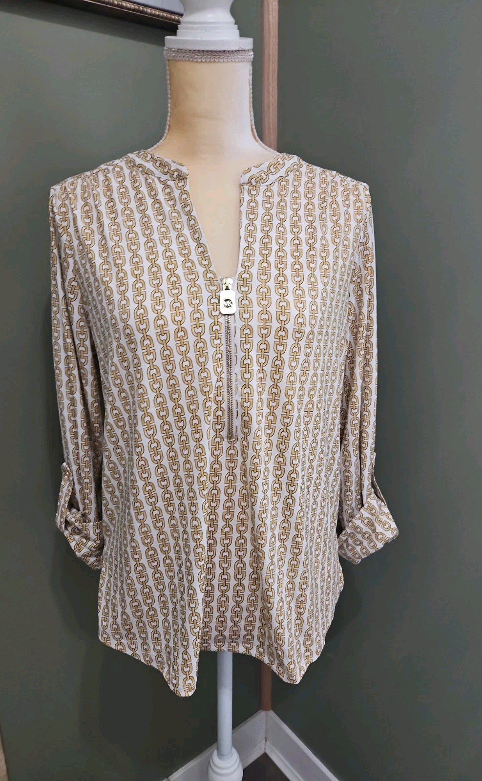 michael kors Blouse Gold Chain Pattern Womens M Gold Zipper Detail