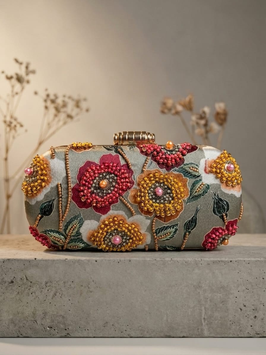 Luxury Evening Clutch Bag Leaf Artisan Sequin Work Gold Boho Embroidered Handbag