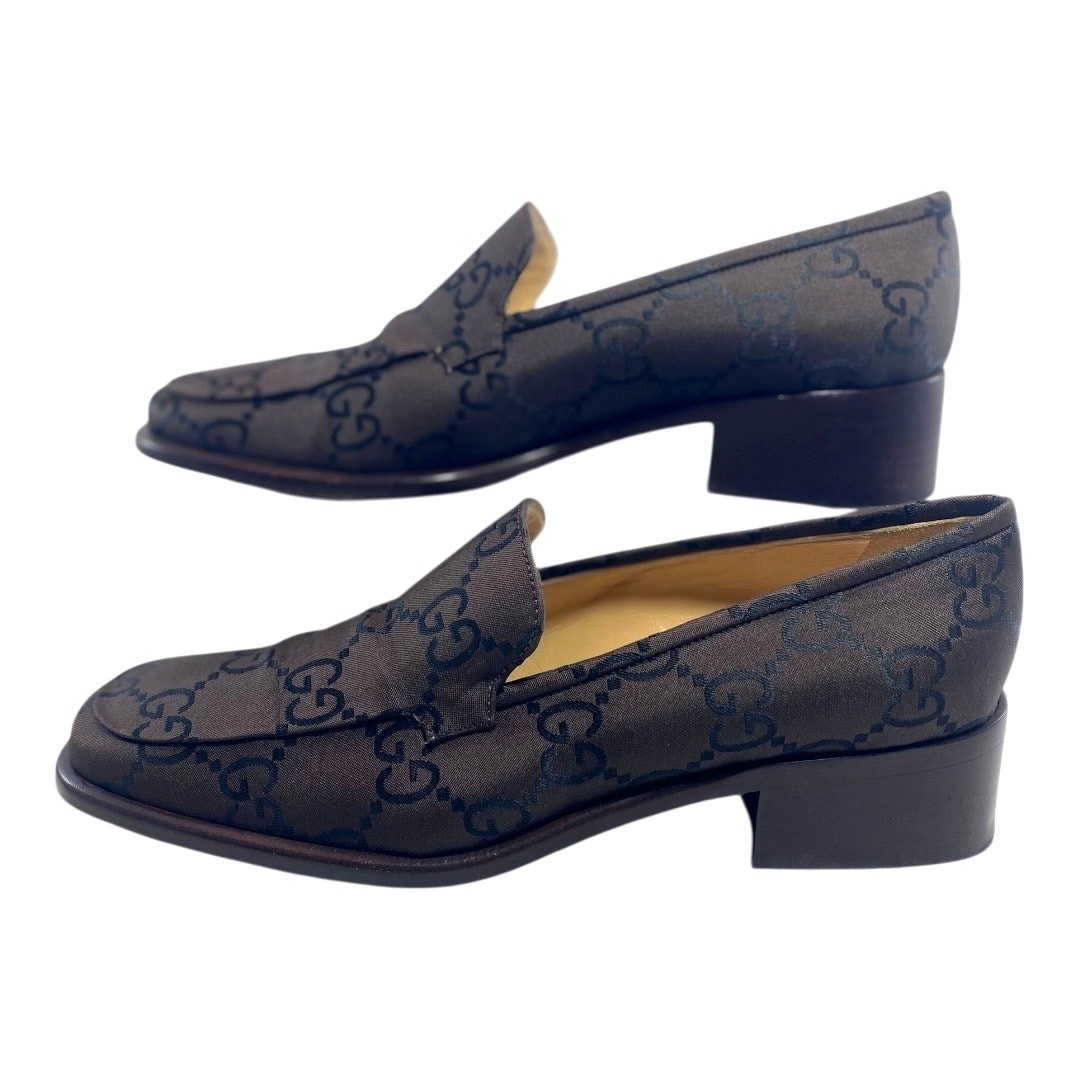 Gucci Logo Monogram Satin Canvas Brown Black Authentic Size IT 37C US 7 Loafers