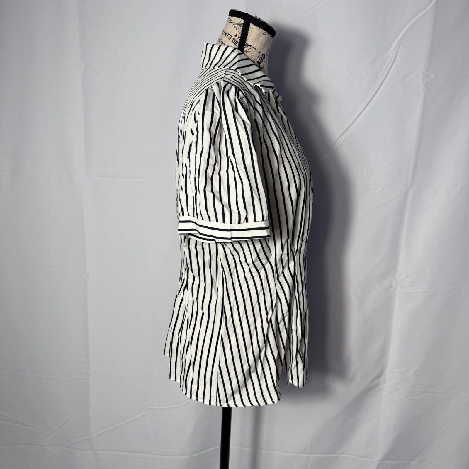 SHEIN LRG White Black Striped Blouse Asymmetrical Button Snap Collar Career Top