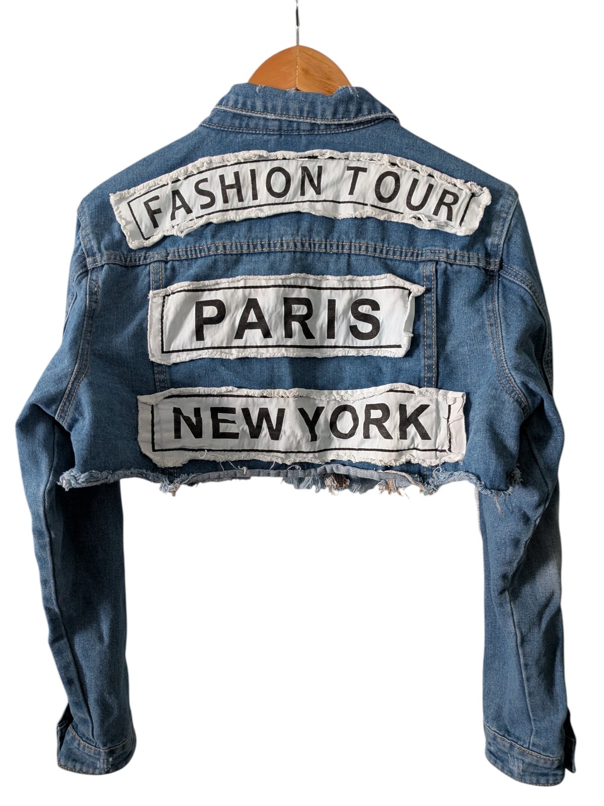American Bazi Cropped Denim Fashion Tour Jacket Distressed Patchwork Raw Hem Med