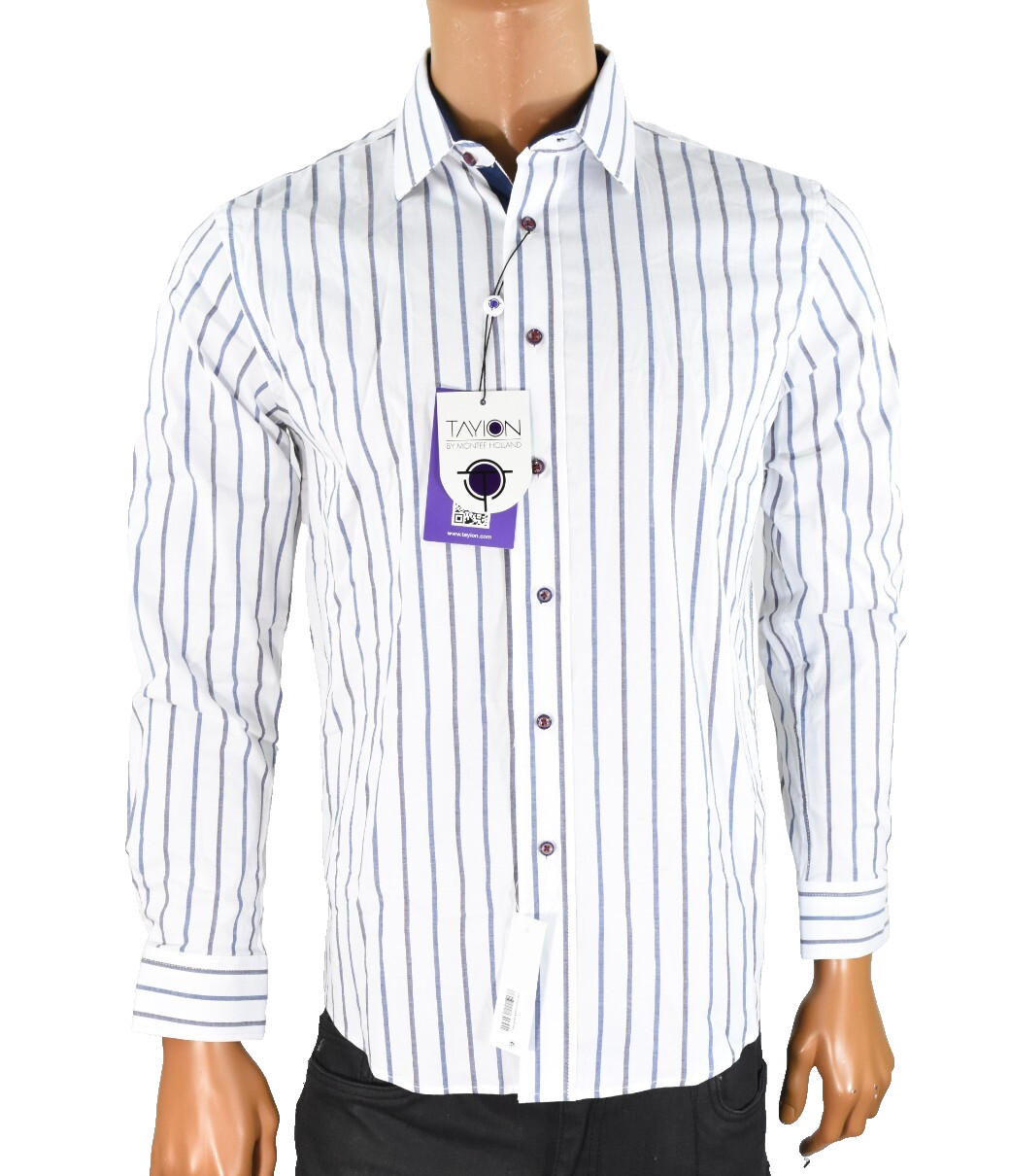 Tayion By Monte Holland Mens Dress Shirt New M 15-15.5 32/33 White Blue Stripe