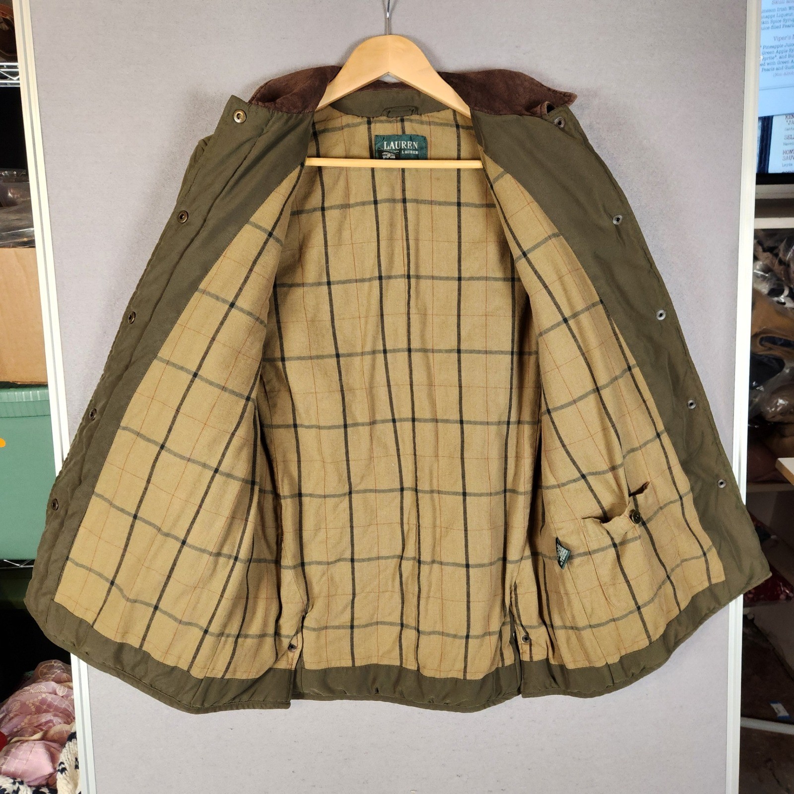Lauren Ralph Lauren Quilted Barn Jacket Small Green Suede Trim Plaid Lined