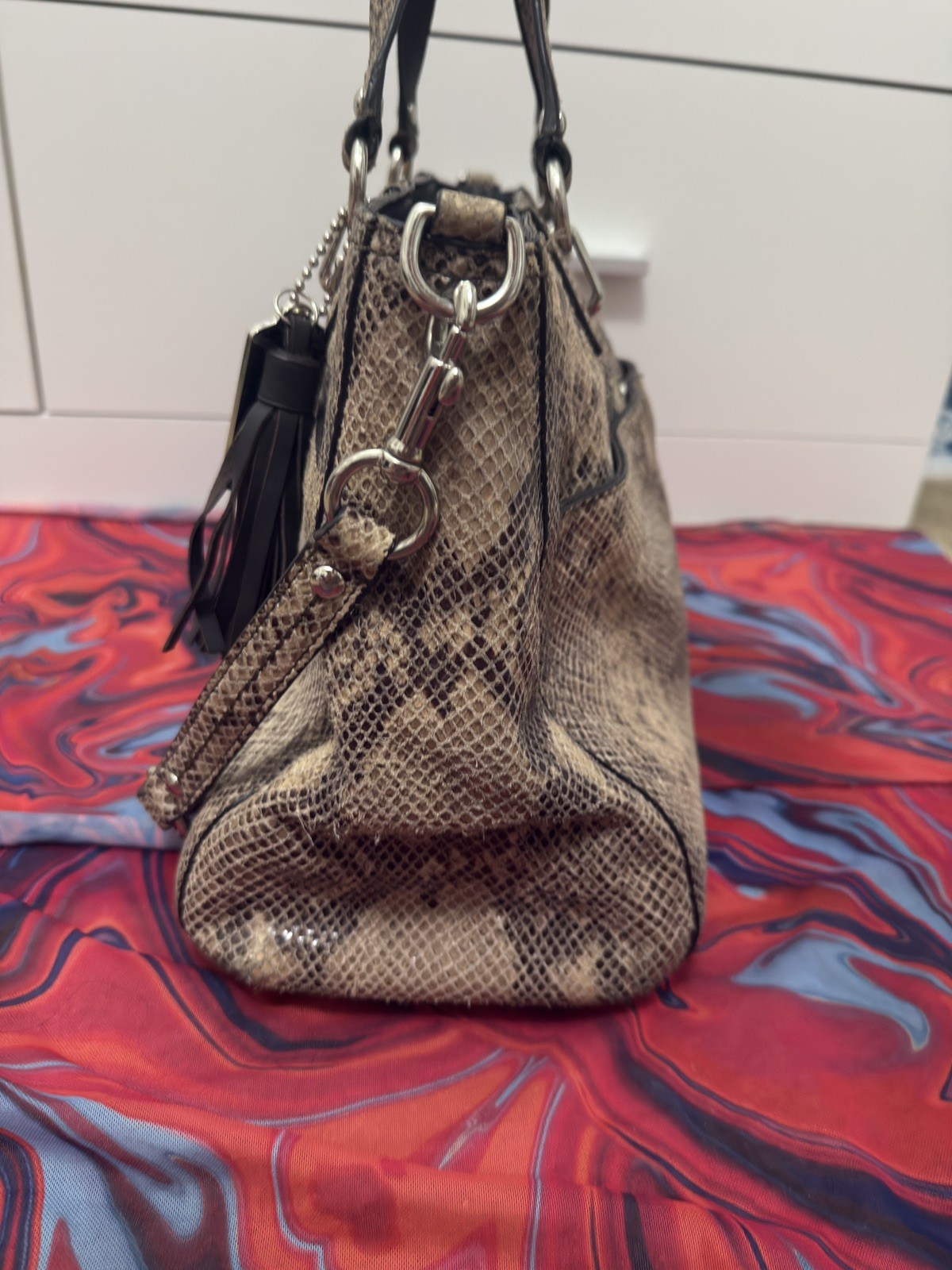Coach Park Python Embossed Leather Carryall Tote Bag Silver Turnlock F24384