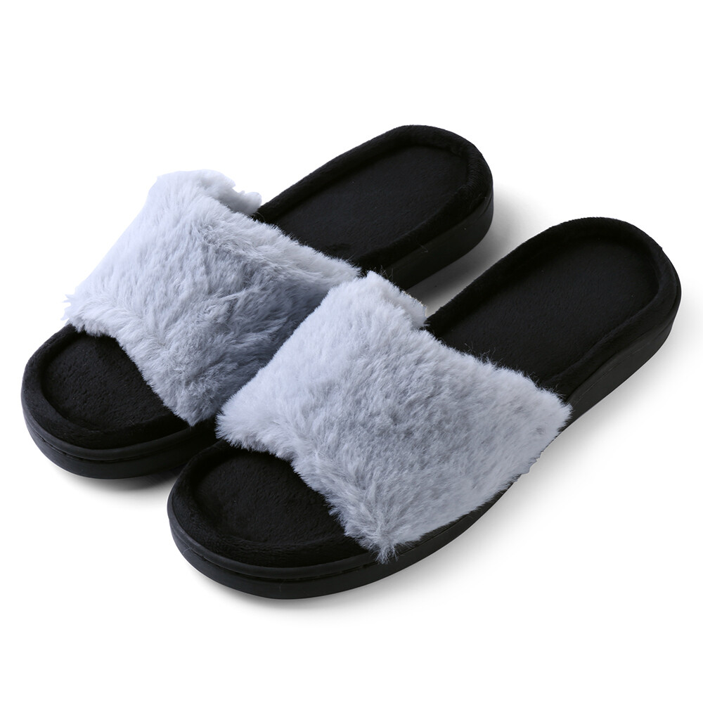 Aerusi Women Fuzzy Comfy Slide Open Toe Memroy Foam Slippers House Bedroom Shoes