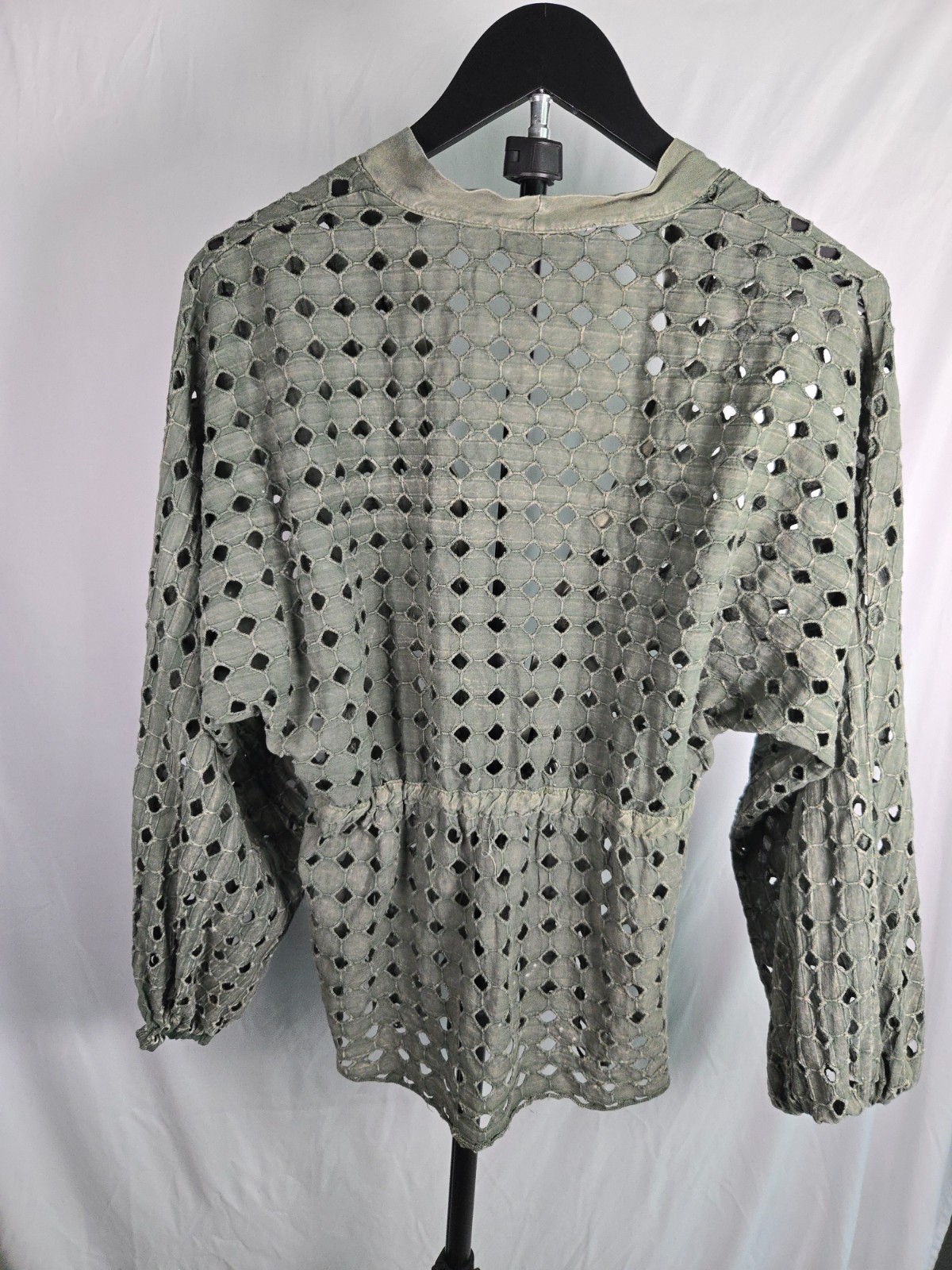 Olive Green Eyelet Cutout Tie Front Cardigan Sz Medium Earthy Lagenlook Festival