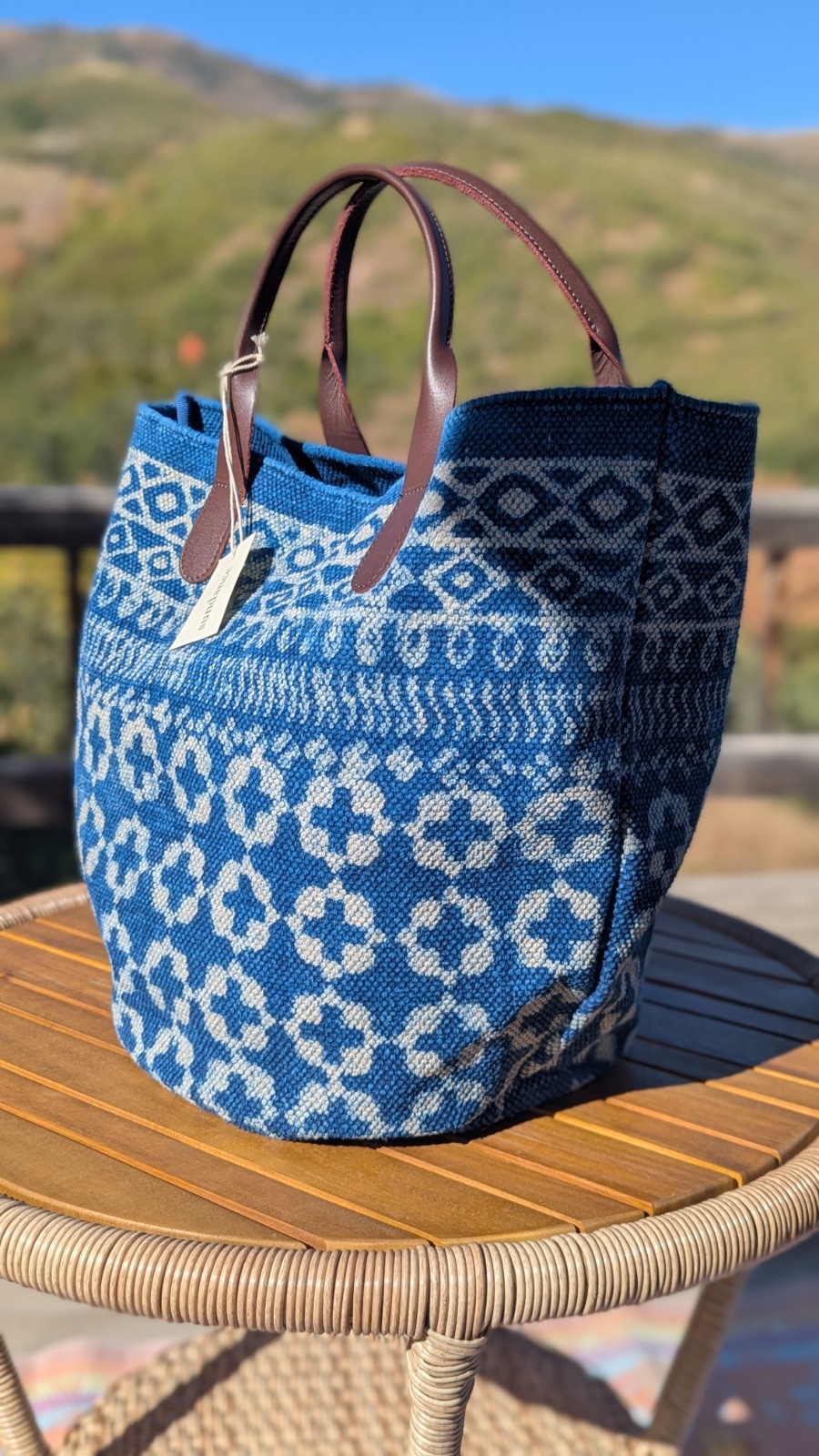 NWT SUNDANCE Woven Indigo Blue & White Shoulder Bag Purse With Leather Handles