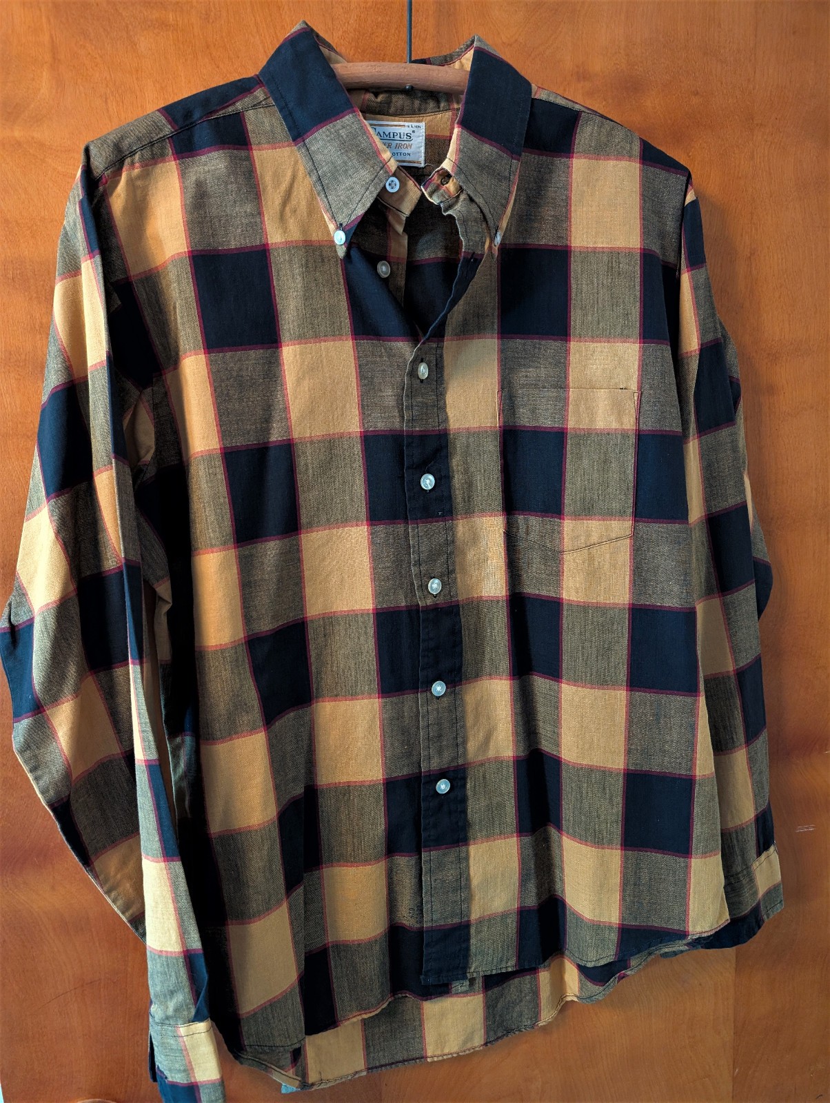 CAMPUS Never Iron Mens Plaid Shirt Sz 16-6-1/2 Large 100% cotton USA Made NWOT