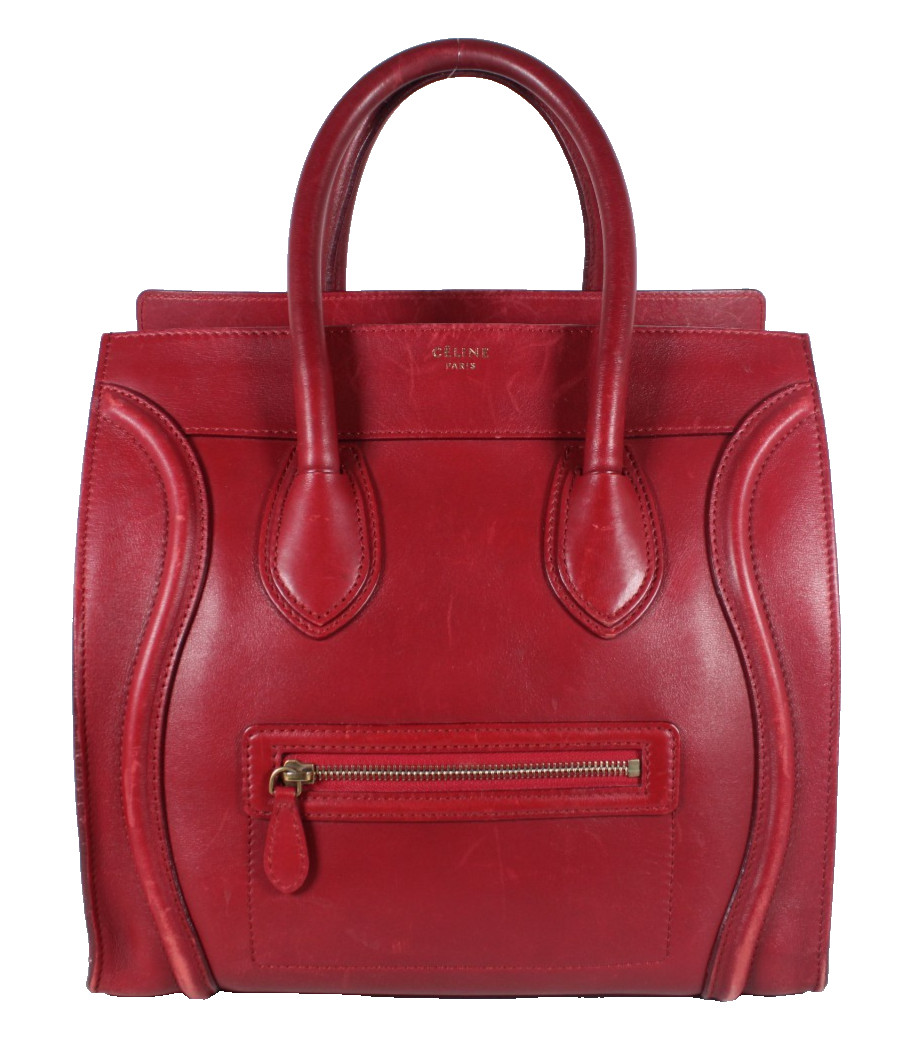 CELINE Carmine Red Leather Zip-Top MINI LUGGAGE Large Tote Bag