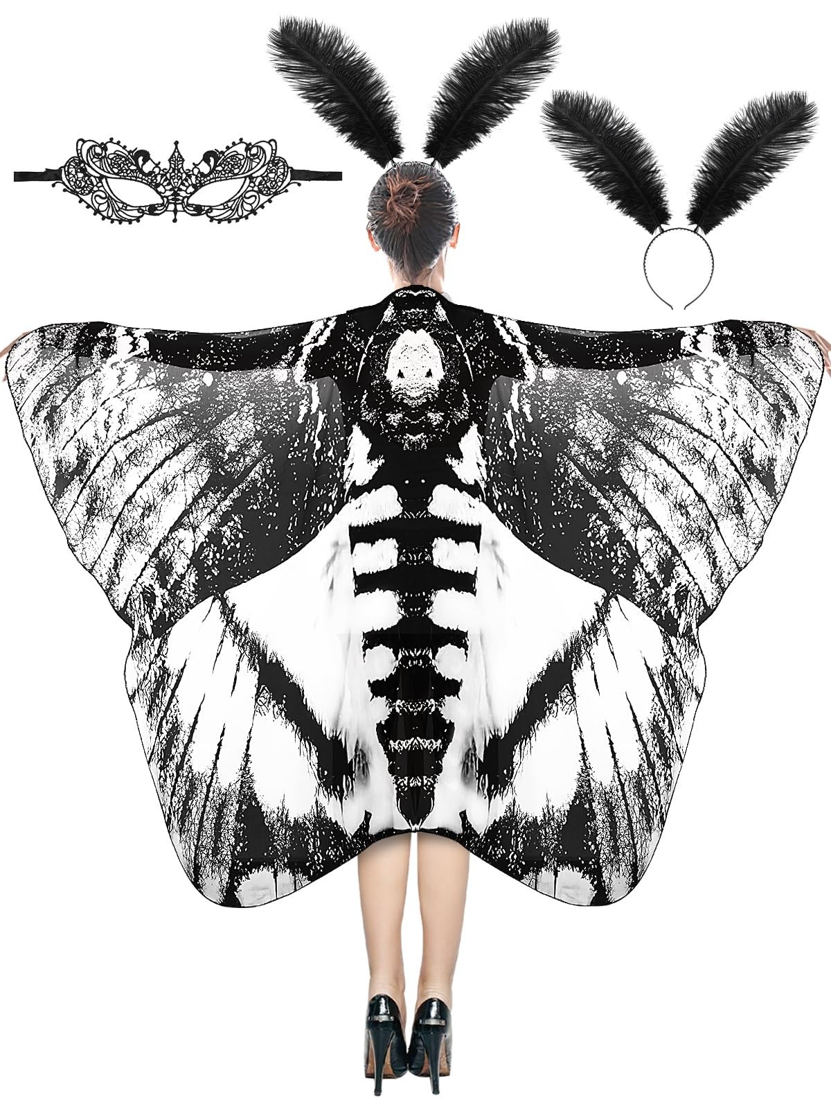 3 Pcs Moth Wings Cape Set for Adults – Halloween Costume with Headband & Lace Ma