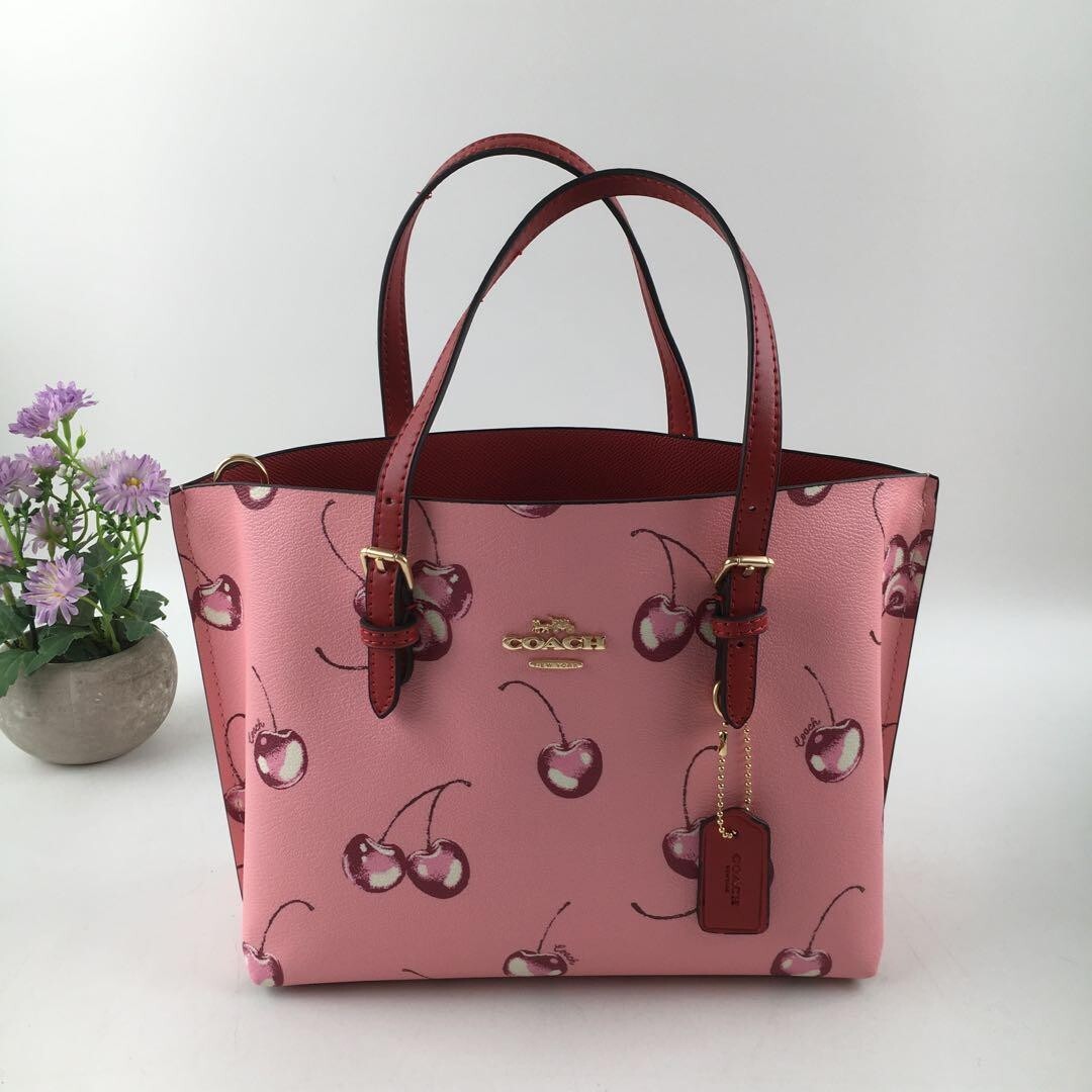 COACH CR293 Mollie Tote 25 2way Shoulder Bag Canvas Leather Cherry Pink Outlet