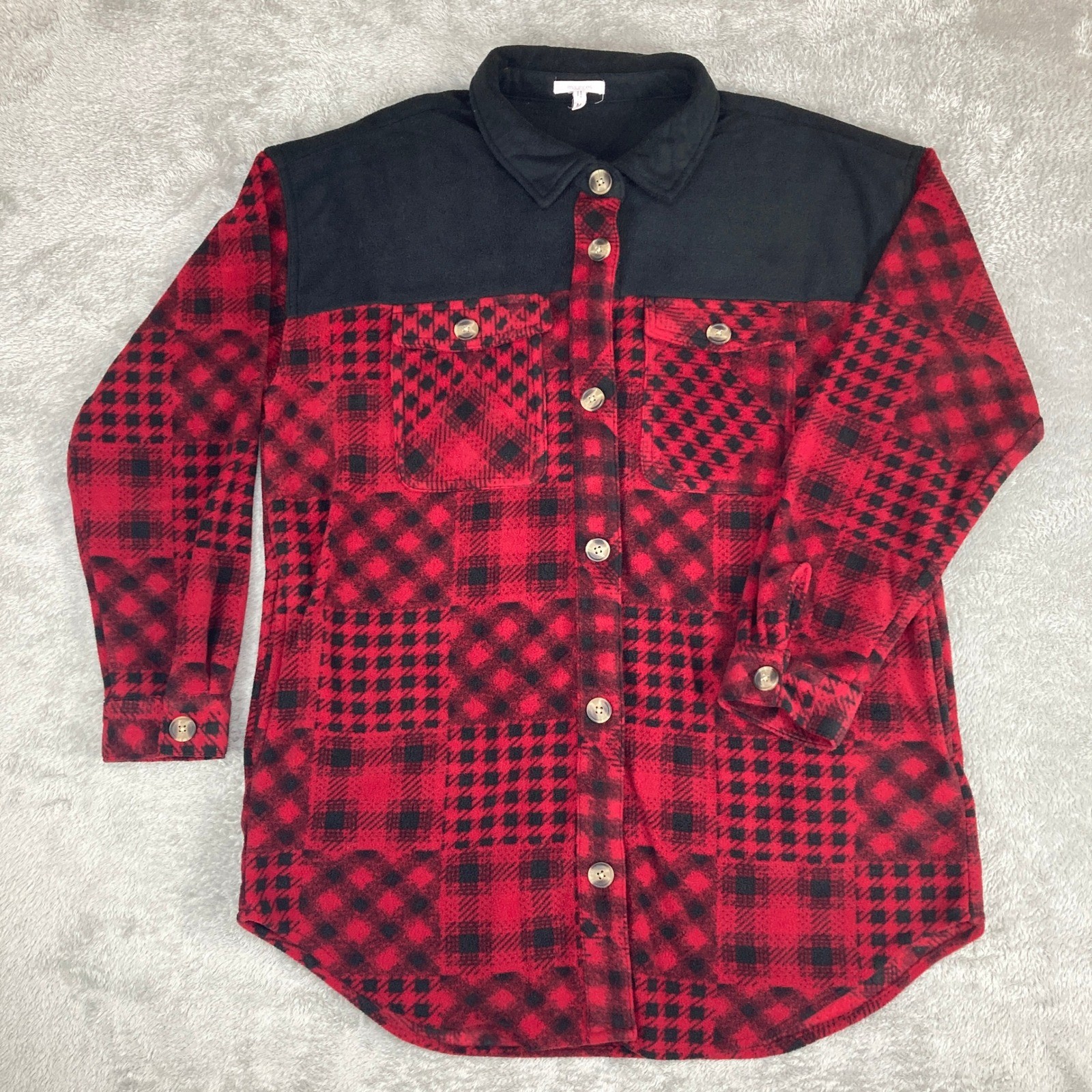 Maurice’s Red Black Buffalo Plaid Fleece Shirt Jacket Shacket Button Down Medium