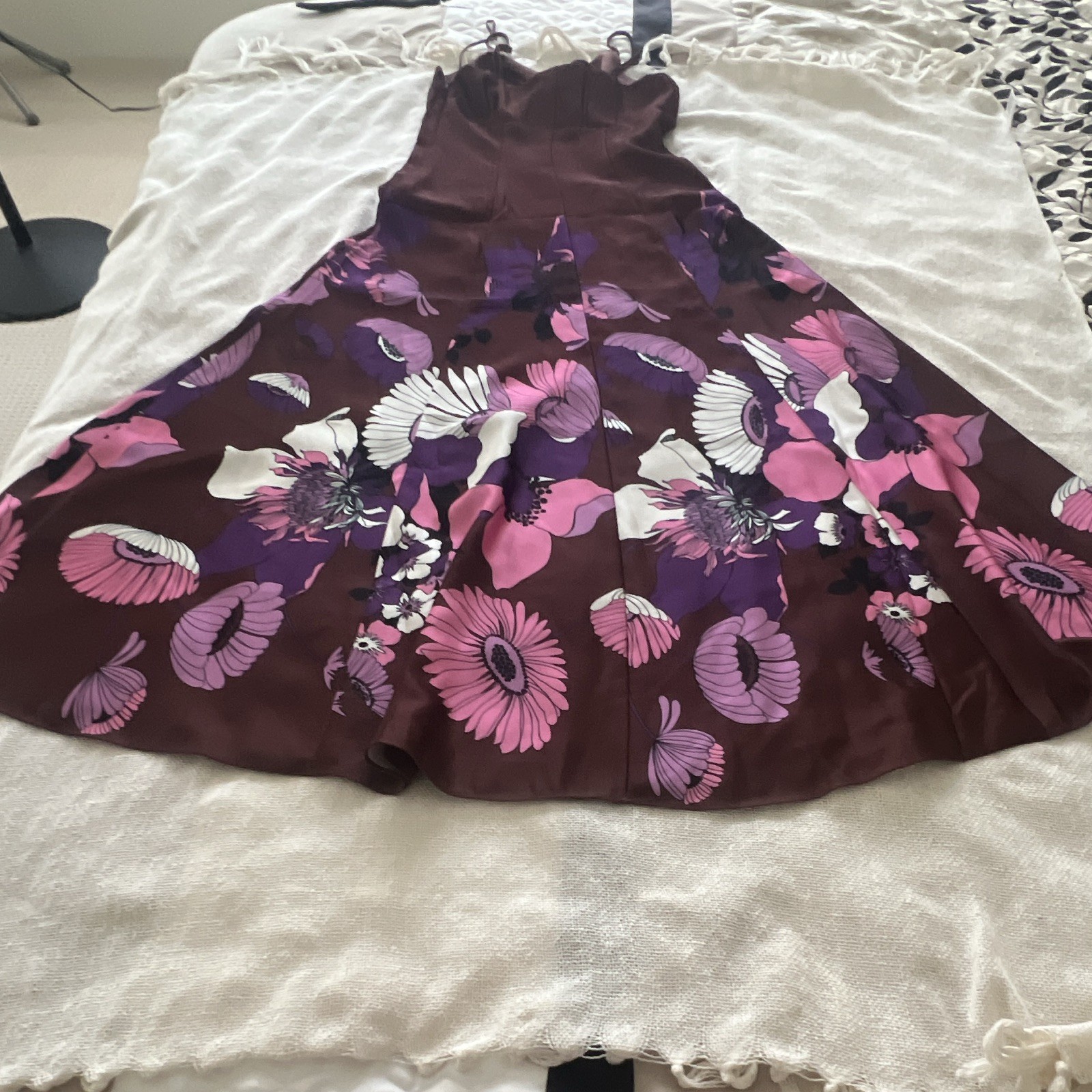 Express Women’s Brown Purple Pink Floral Fit & Flare Long Dress Bow S
