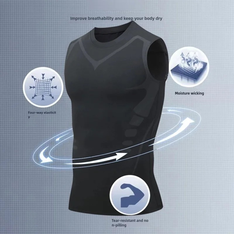 Men Compression Shirt Version Ionic Shaping Sleeveless Vest Sport Tank Top S-2XL