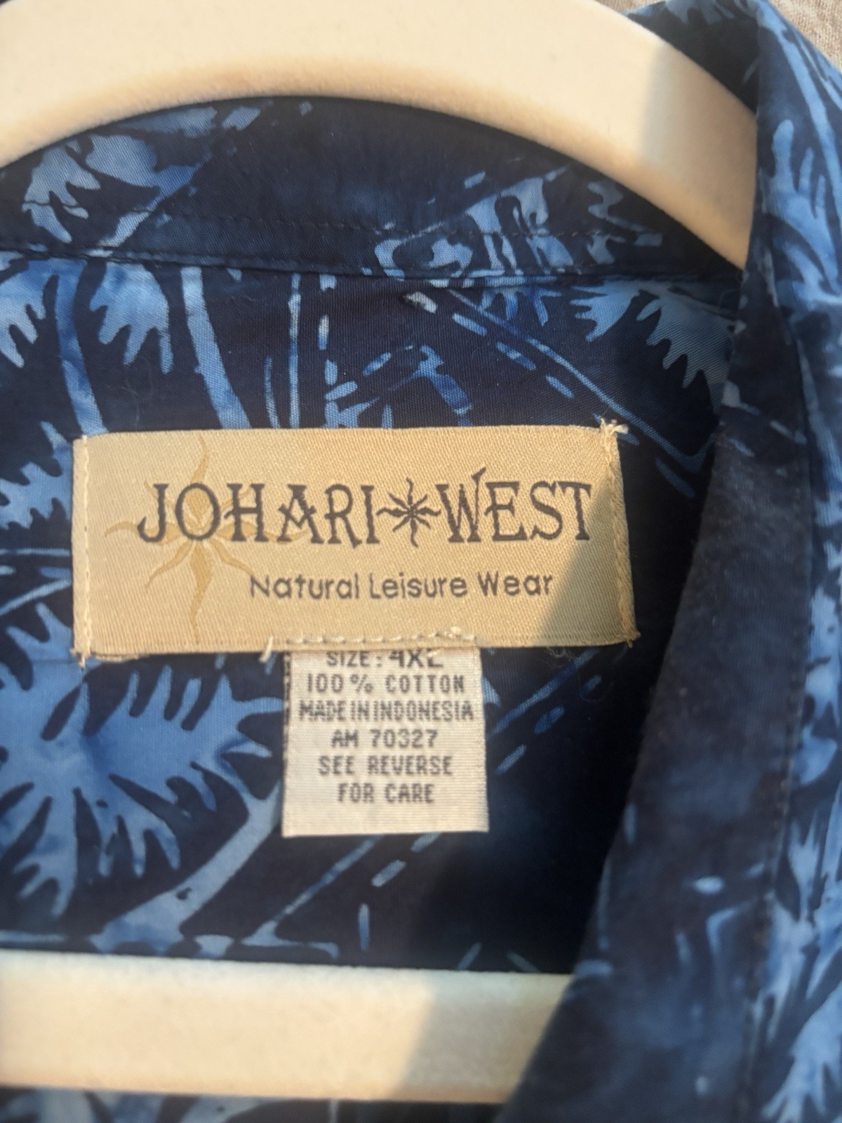 Johari West Mens 4Xl Blue Palm Tree Batik Cotton Tropical Hawaiian Shirt