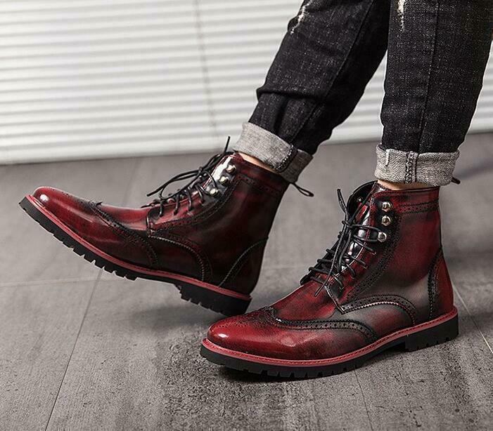 Mens High Top Brogue Shoes Carved Wingtip Lace Up Dress Casual Ankle Boots Hot