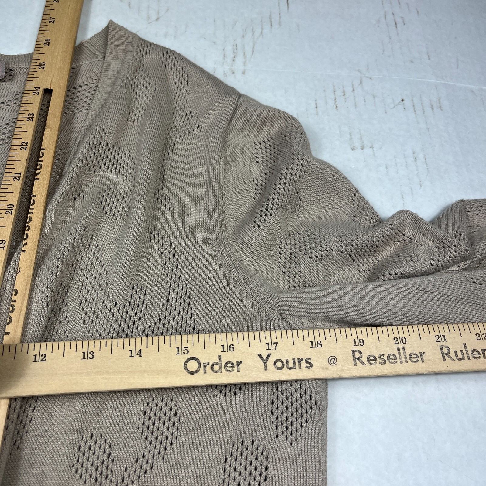 Chicos Longline Open Front Cardigan Tan Tonal Jacquard Layering Knit Sweater 2 L