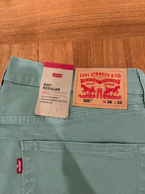 Levis 505 Jeans Men Stretch Regular Fit Zip Olive 36×32 98% cotton