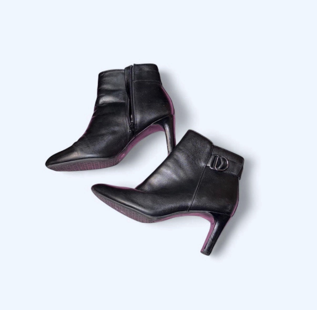 Women’s Black Faux Leather Ankle Bootie Pointed Toe Stiletto Zip Buckle 8.5