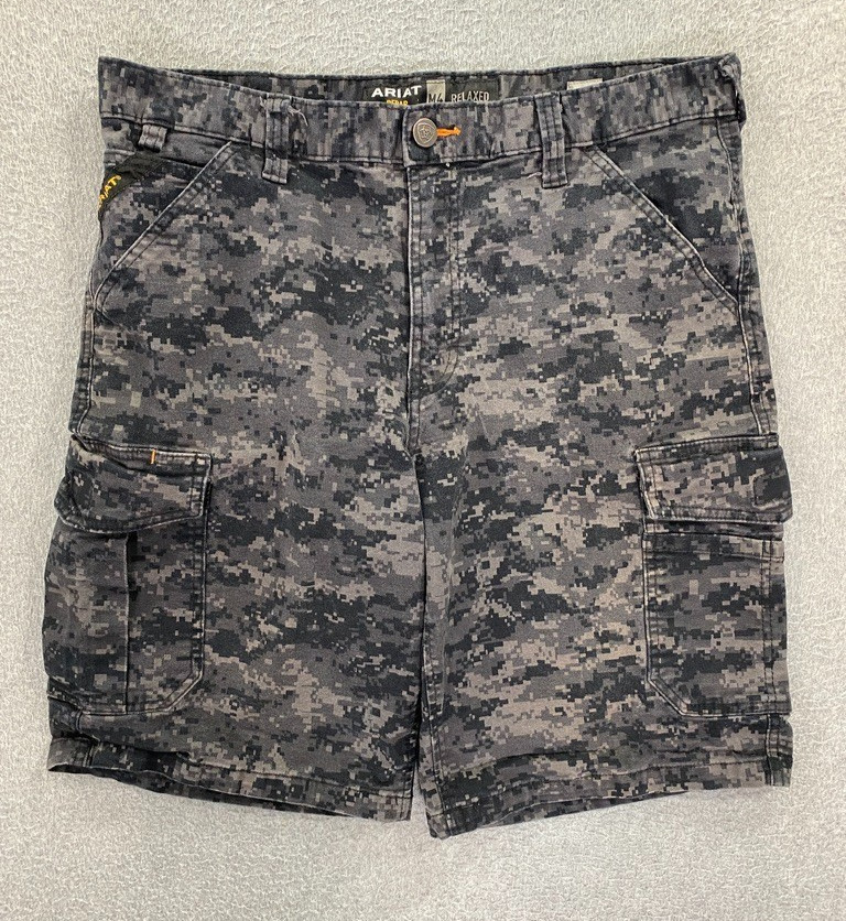 Ariat Rebar M4 Camo Cargo Shorts Mens 34×10 Relaxed Fit Black Gray Camouflage