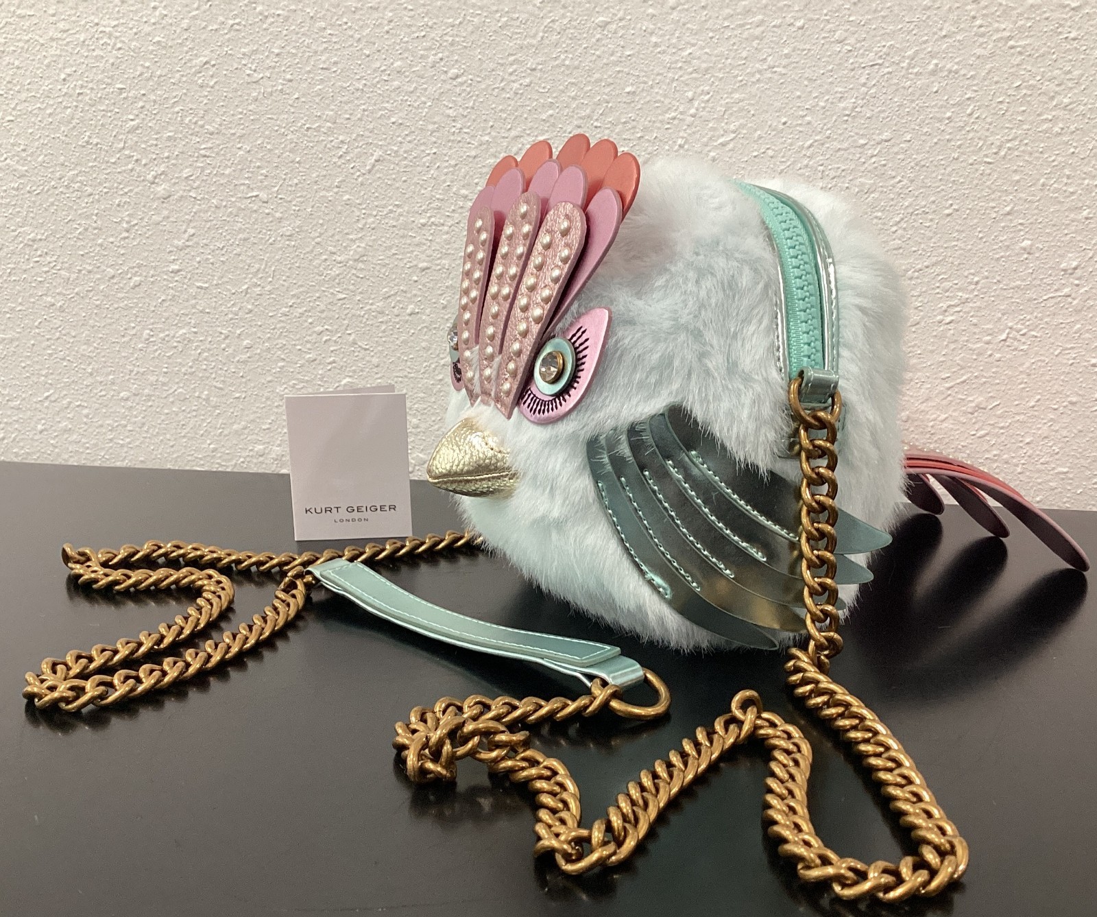 Kurt Geiger Faux Fur Soft Eagle Bag 6″ x 6″ x 4.5″ Crossbody Blue Pink Crystals