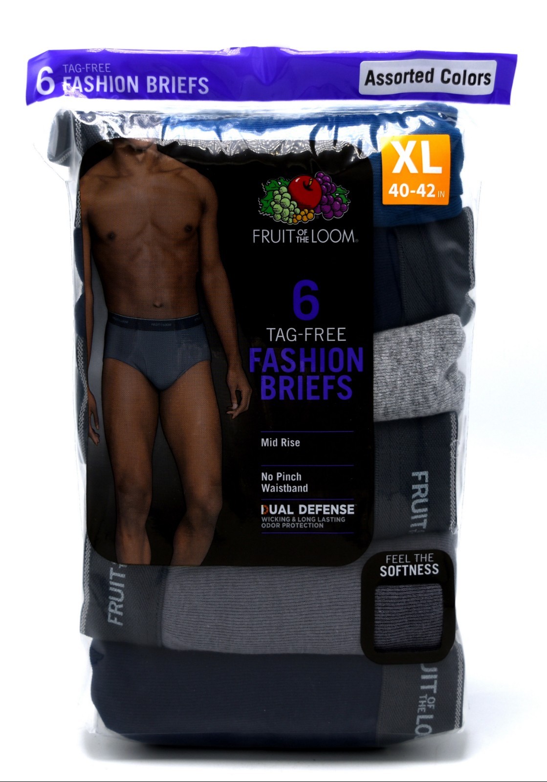 6 Blue Gray Purple XL 40-42 Inch Briefs Mid Rise Fruit of the Loom EG 102-107 CM