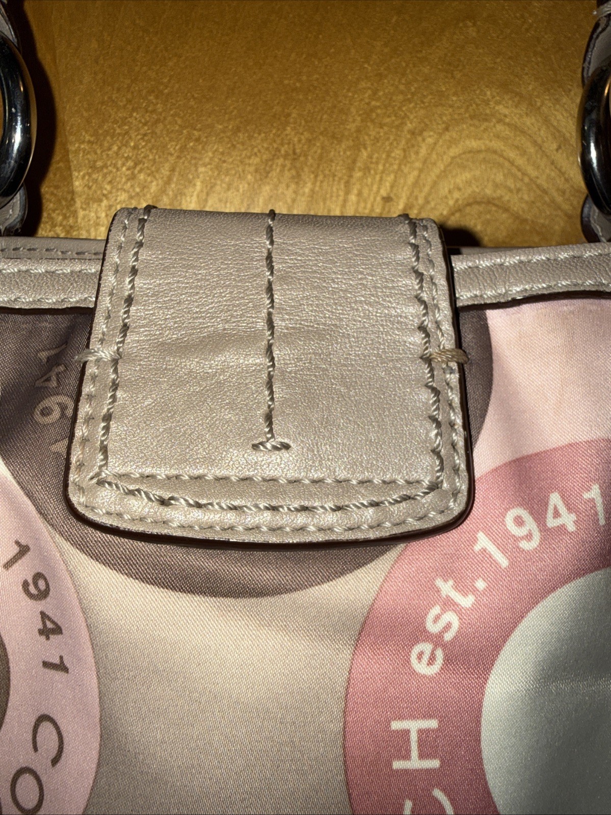 vintage Coach Beige Pink Logo Buckle Accent Double Handle Shoulder Bag F18805. M