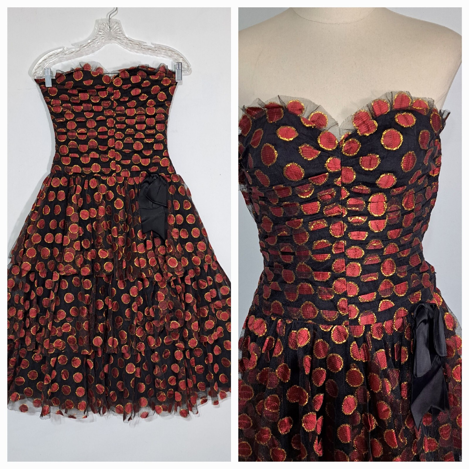 Vintage Bellville Sassoon Strapless Party Dress Ruched Tiered Skirt XS Metallic