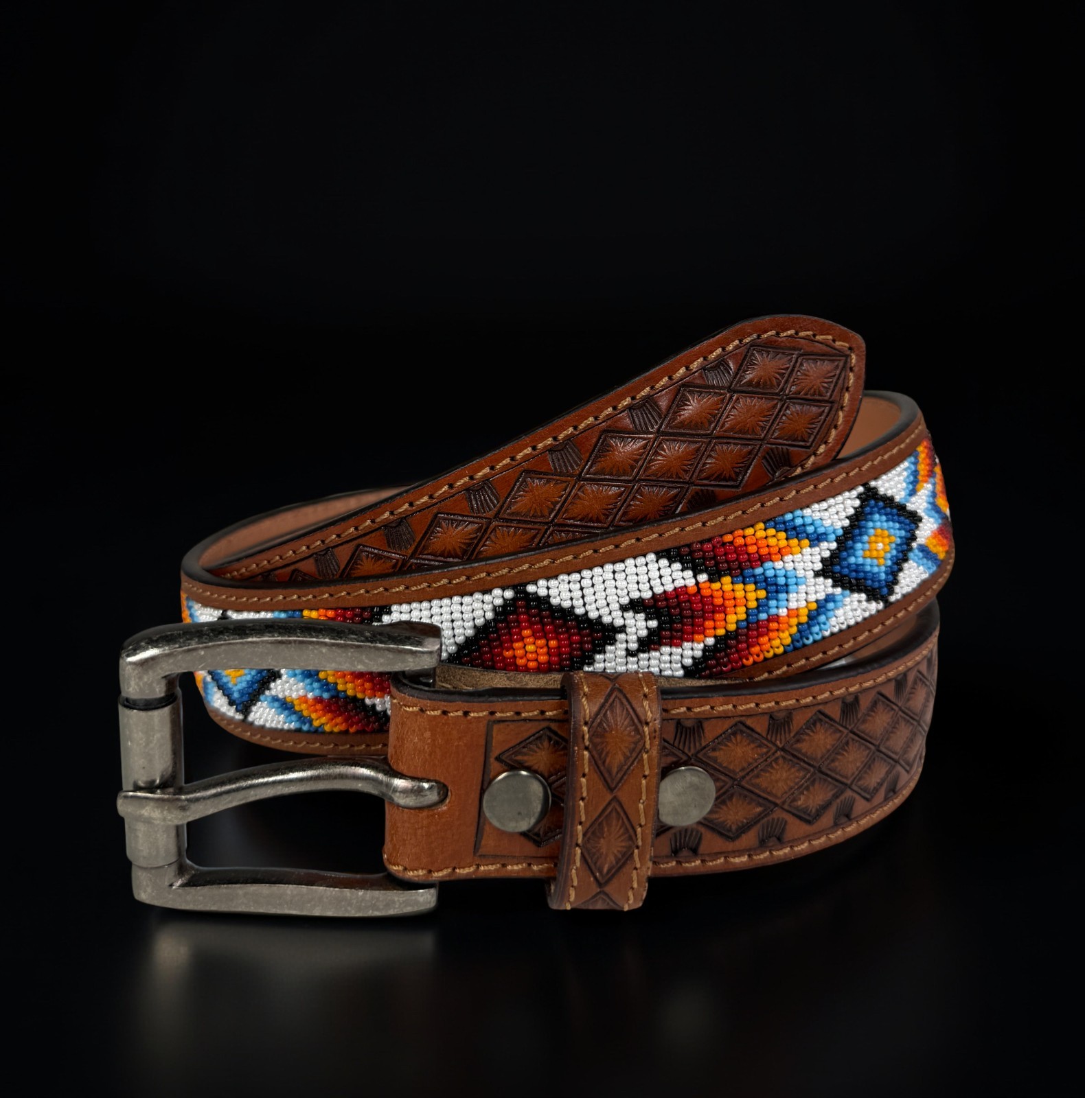 Full Grain Leather Hand Tooled Western Belt Cowboy Rodeo Beaded Removable Buckle