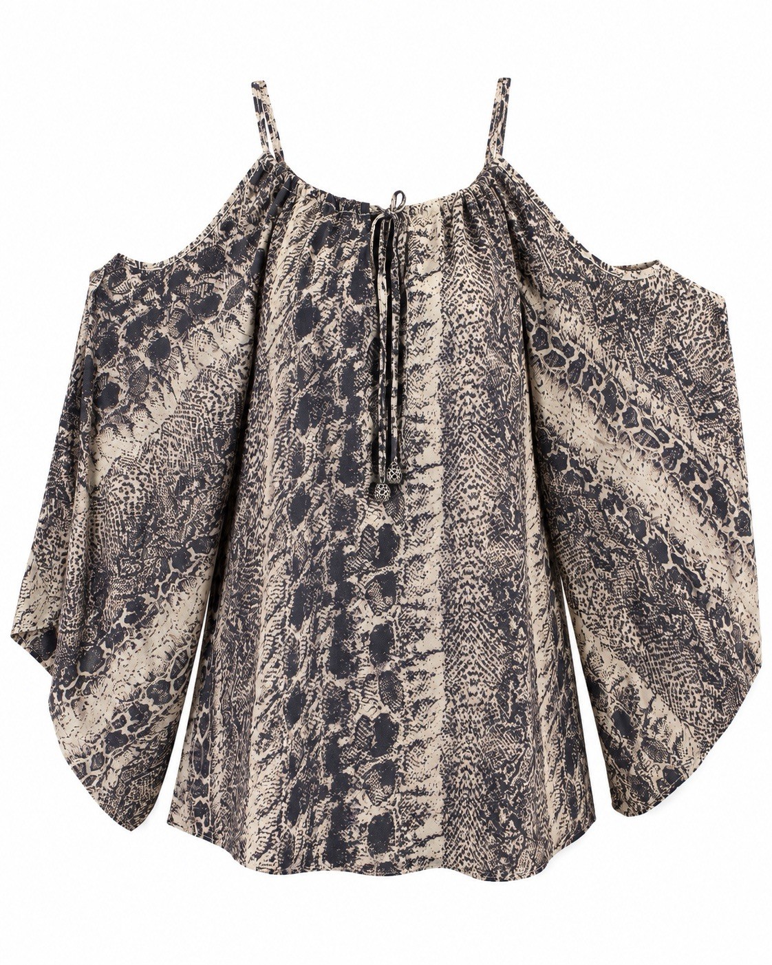 Rancho Estancia Womens Small Cold Shoulder Blouse Boho Snake Print Tie Neck