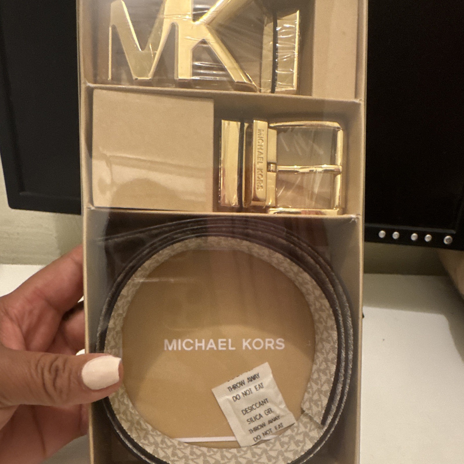 Michael Kors Reversible Men’s Dress Belt Brown/Beige MK Logo Buckle Size S