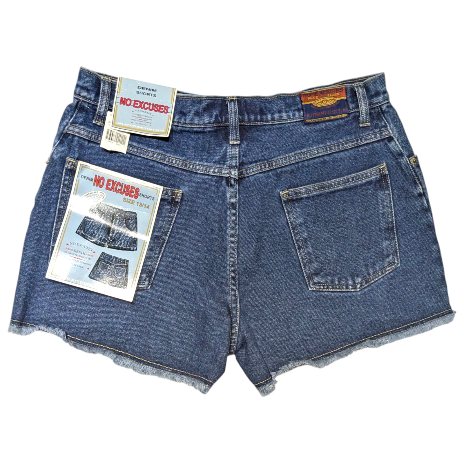Vintage 90s NO EXCUSES High Rise Jean Shorts 13/14 (32×3) Blue Denim Raw Hem NWT