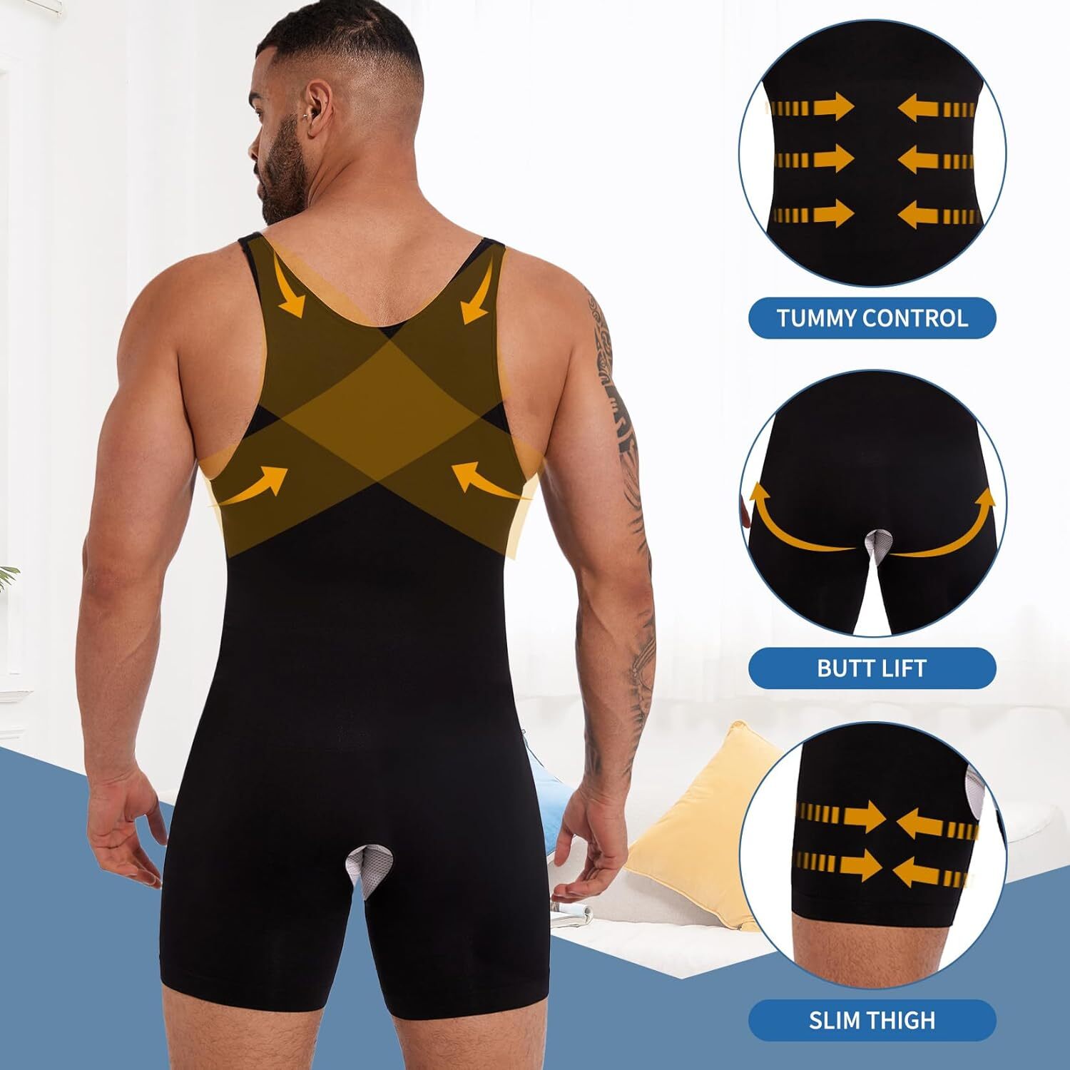 Men’s Full Body Shaper Slimming Compression Bodysuit Thigh Slimmer Shapewear