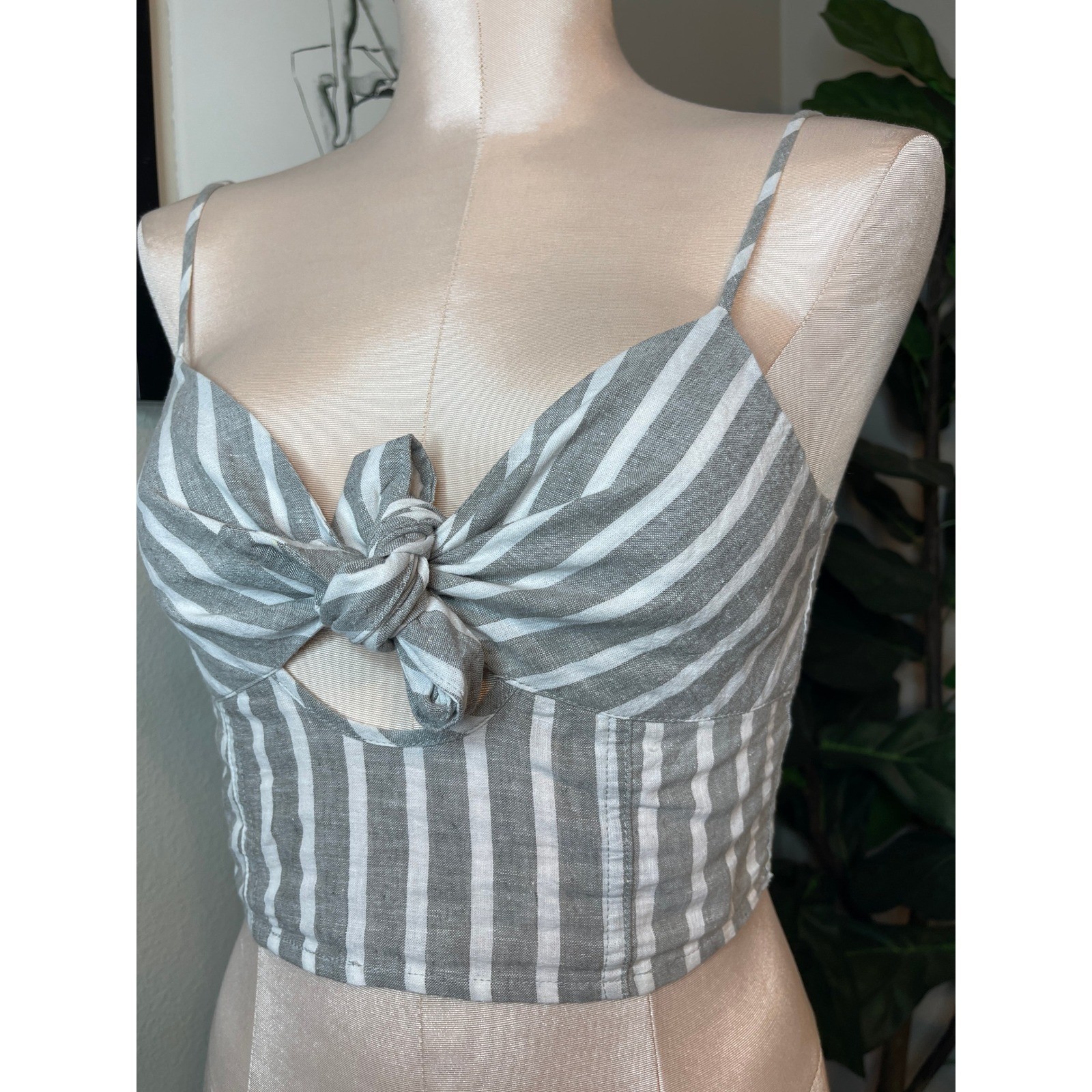 Blue Life Mila Tie Front Top Grey White Stripe Linen Cotton XS