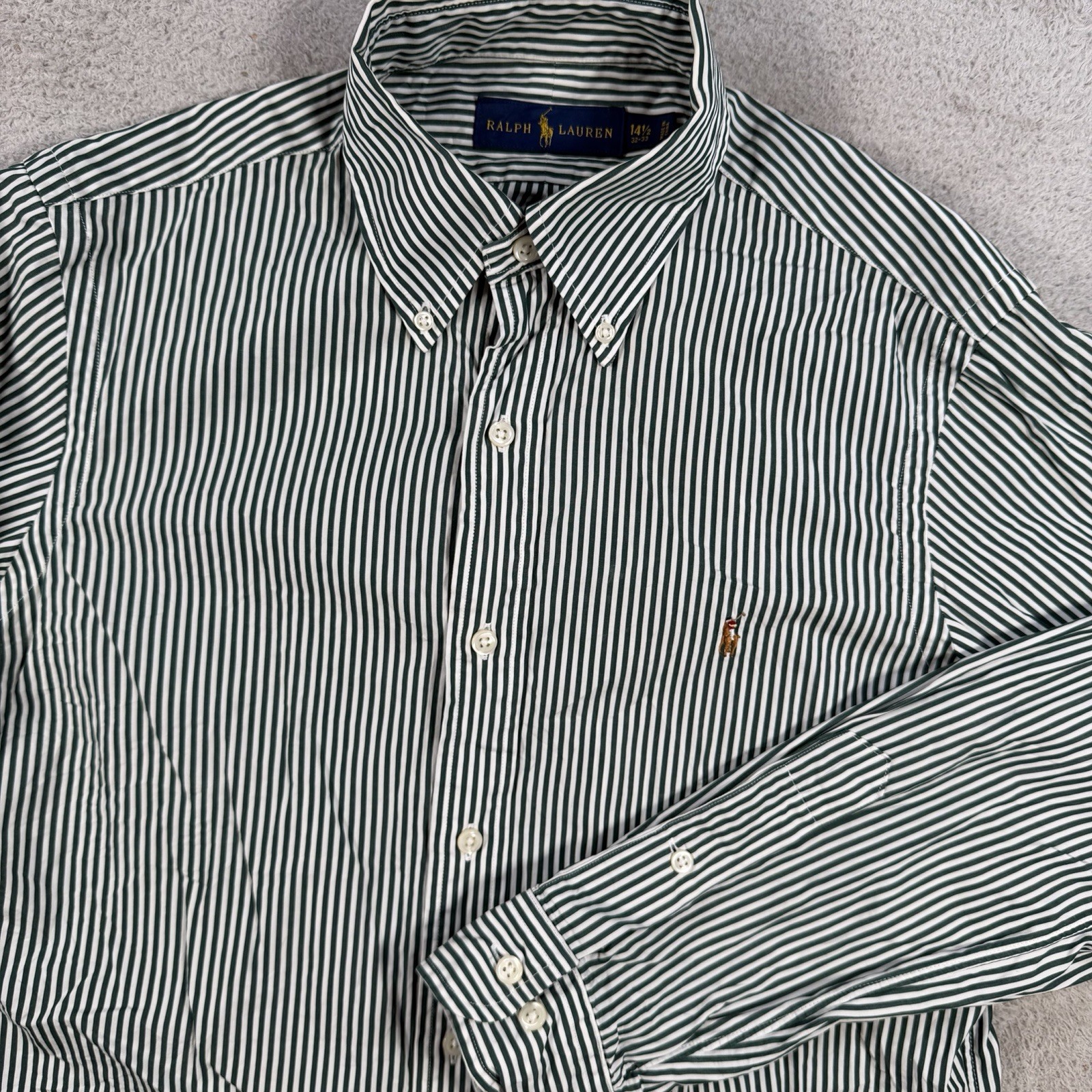 Polo Ralph Lauren Shirt Men Small Green Stripe Button Down Flesh Pony 14.5 32-33
