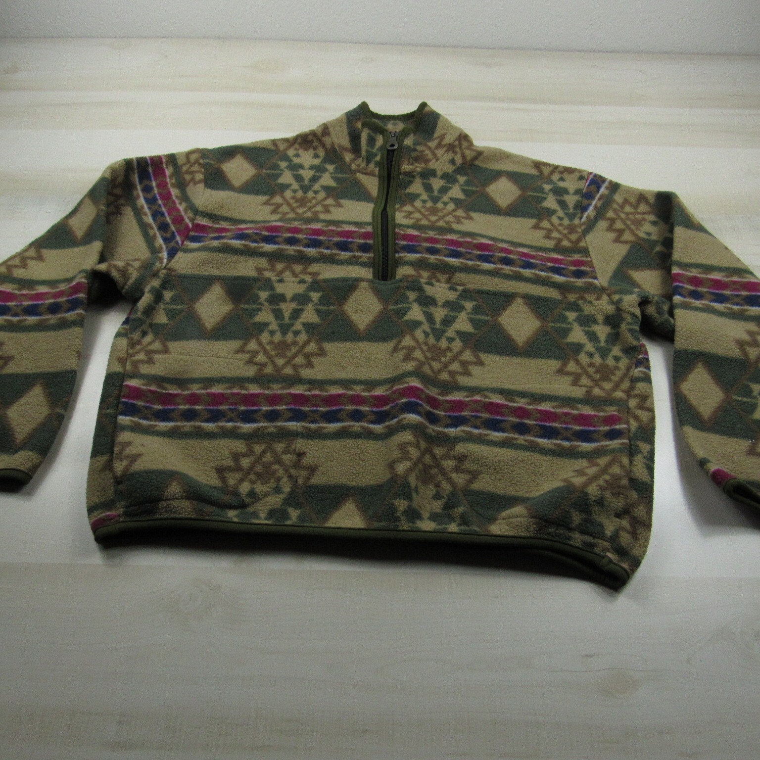 Vintage Woolrich Sweater Large Brown Green Aztec Fleece Pullover Zip USA *Flaws