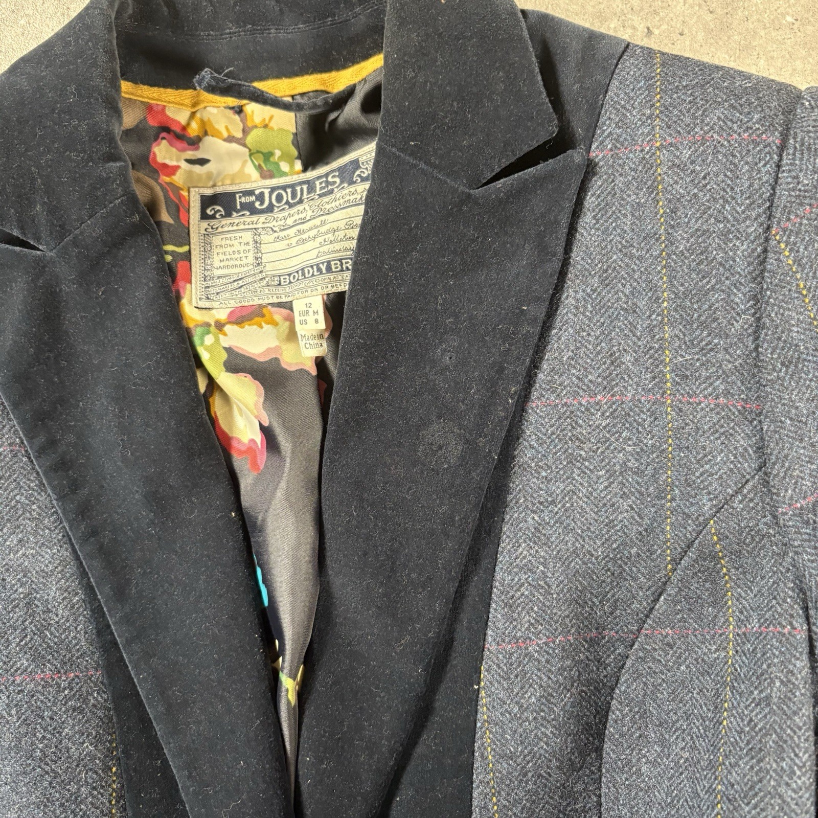 Joules Blazer UK 12 Blue Wool Tweed Jacket Windowpane Velvet Trim Hartfield