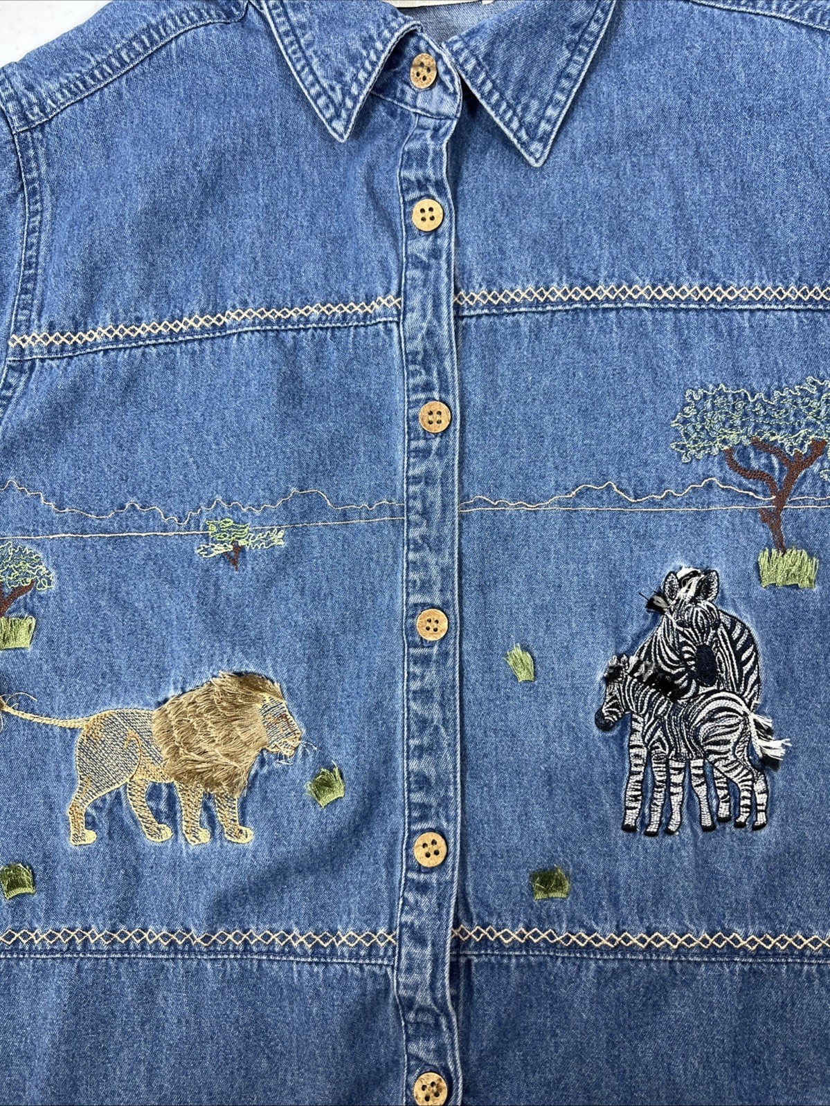Vintage Lemon Grass Safari Denim Blouse Lion Zeba Embroidery Size Petite Medium