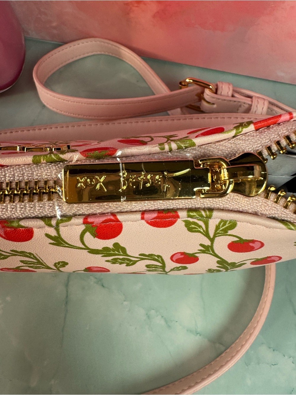 Betsy Johnson Cherry Print Shoulder Bag Heart Charm Pink Purse NWT