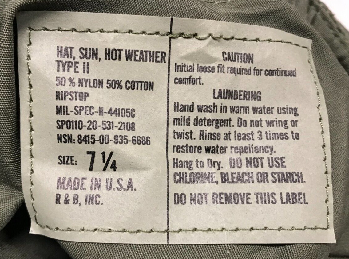 Hot Weather Type II Sun Hat Boonie NyCo OD MILSPEC Size 7 – 7 3/4