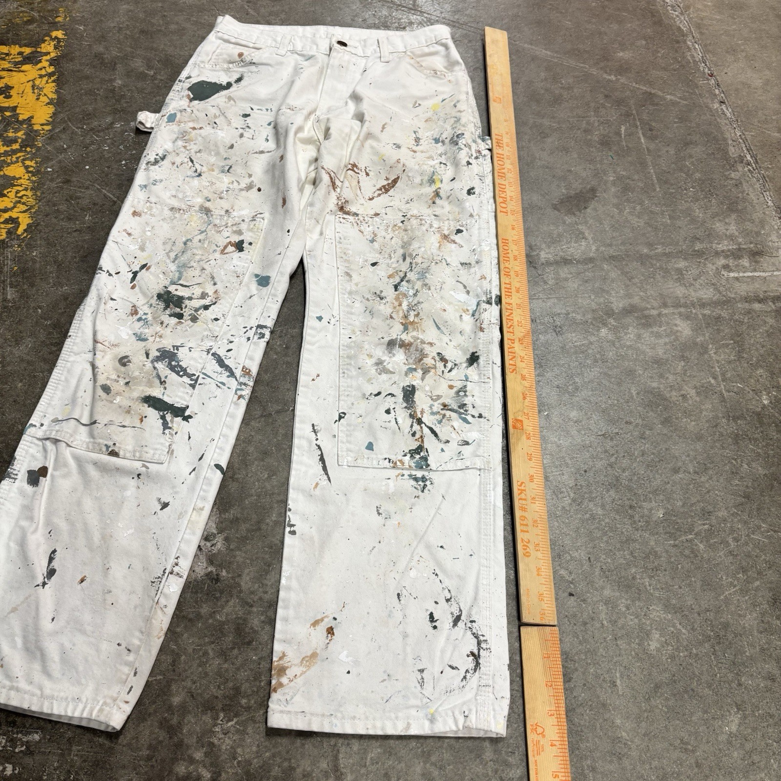 Vintage 90s Distressed Paint Splatter White Canvas Dickies Carpenter Pants 30×30