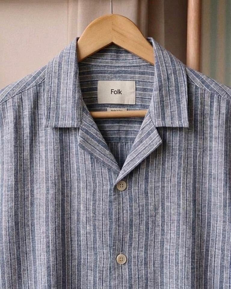 NWT $182 Mens FOLK Clothing Healey Linen & Cotton Blue Short Sleeve Shirt sz M