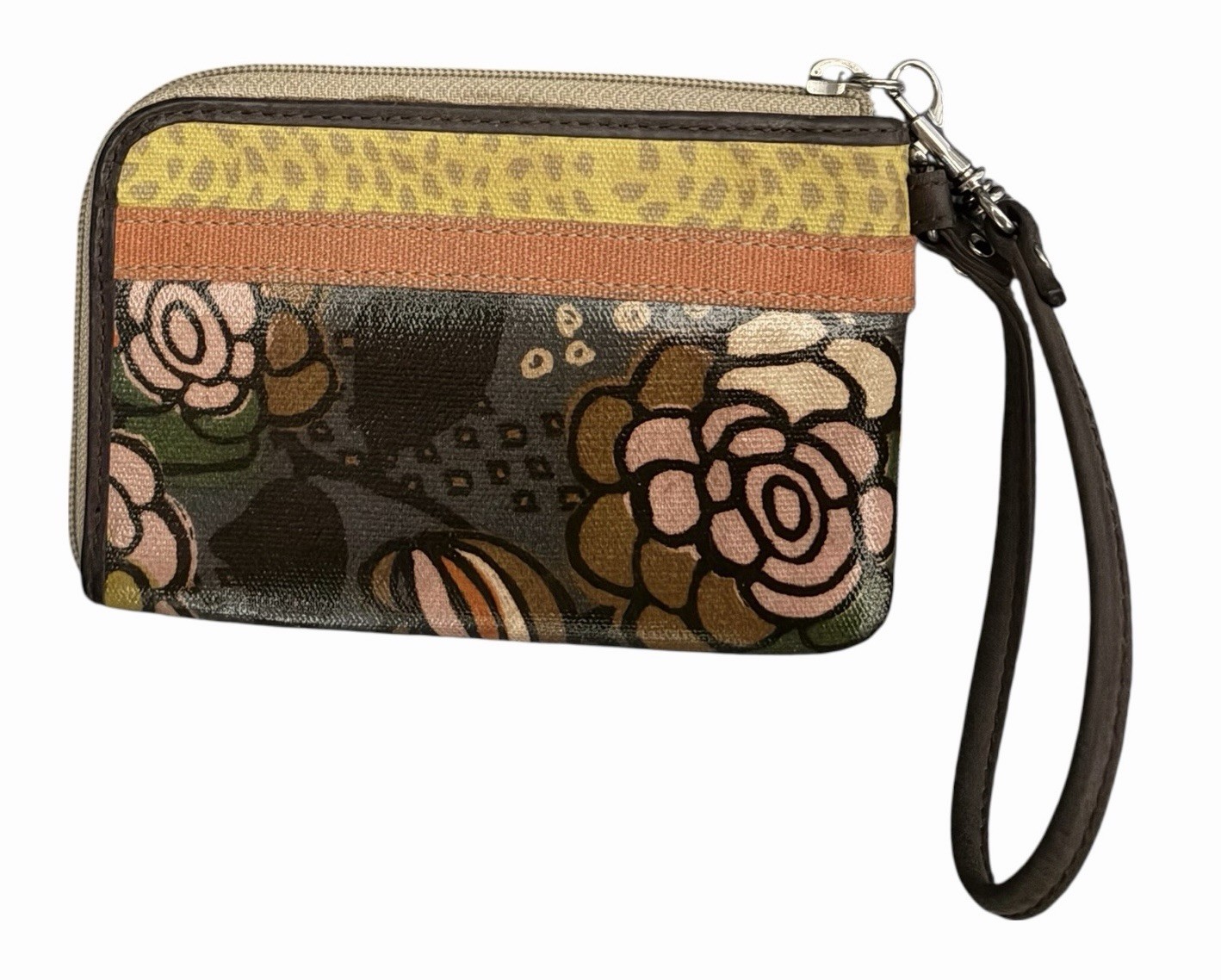 Fossil “Key-Per” Gently Used Floral Coated Canvas Wristlet w/ Leather Trim