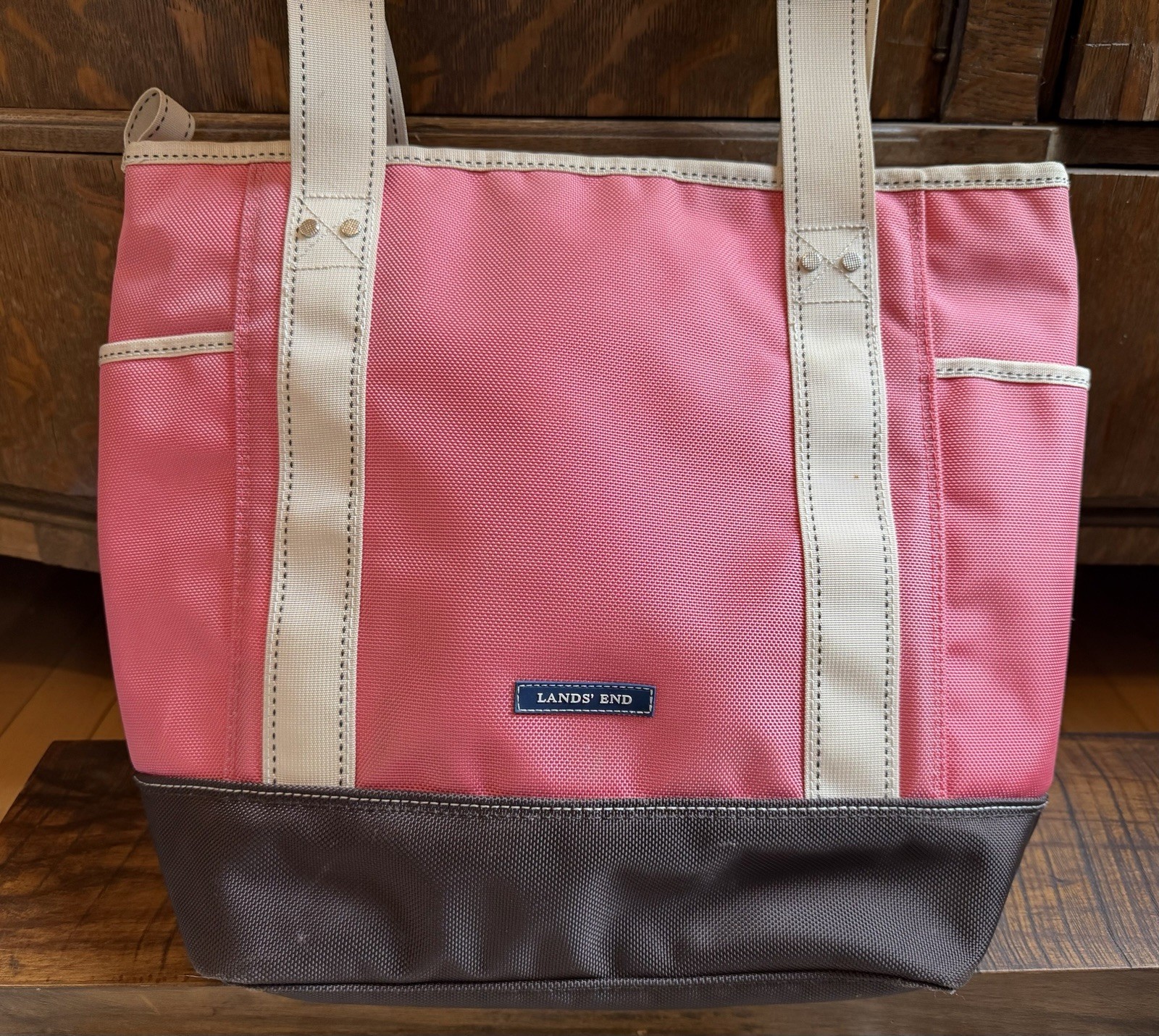 Pink Lands End Canvas Nylon Tote Bag Monogram 13in TMM Perfect Pockets White