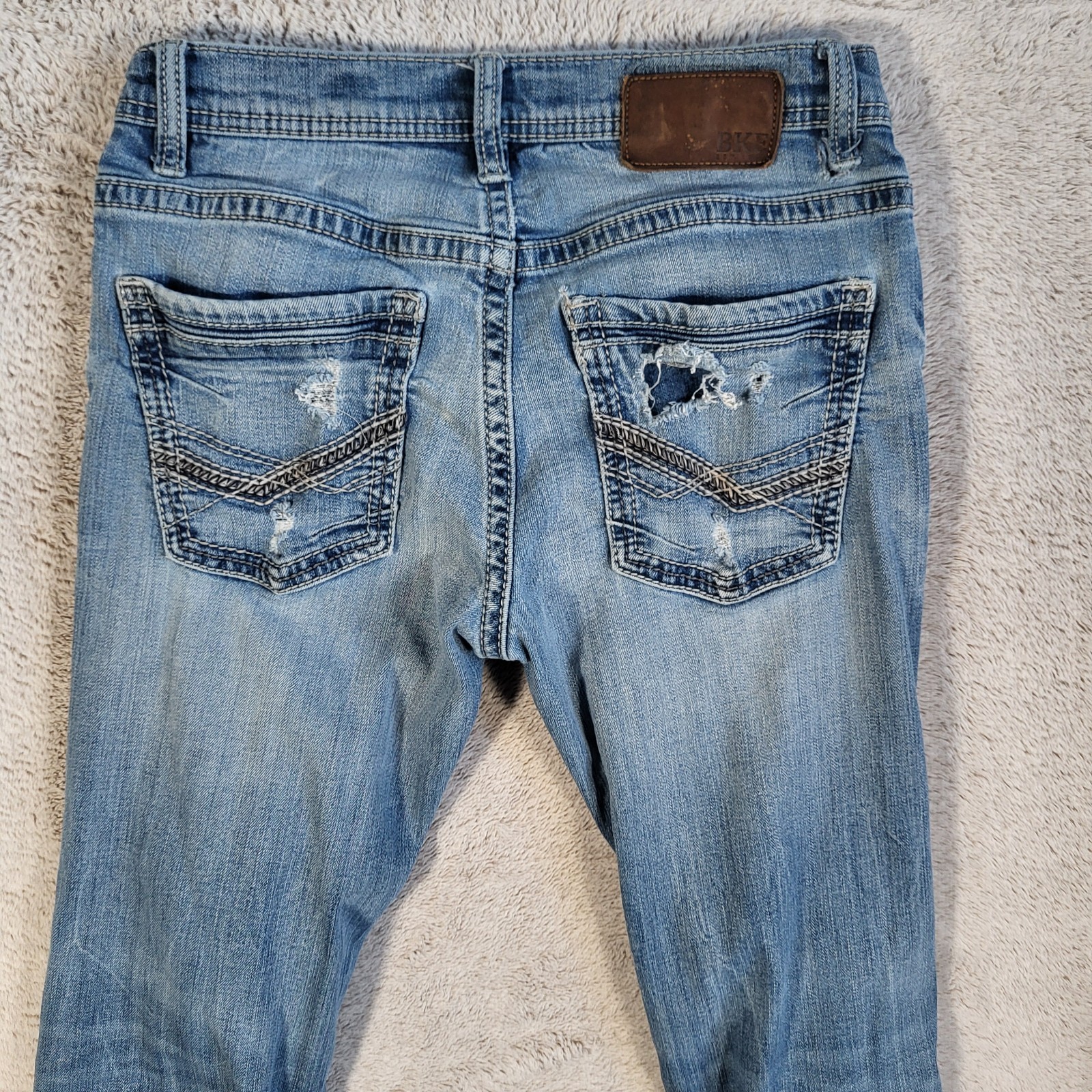 BKE Aiden Slim Fit Bootcut Jeans Men’s 29×34 Blue Light Washed Heavy Distressed