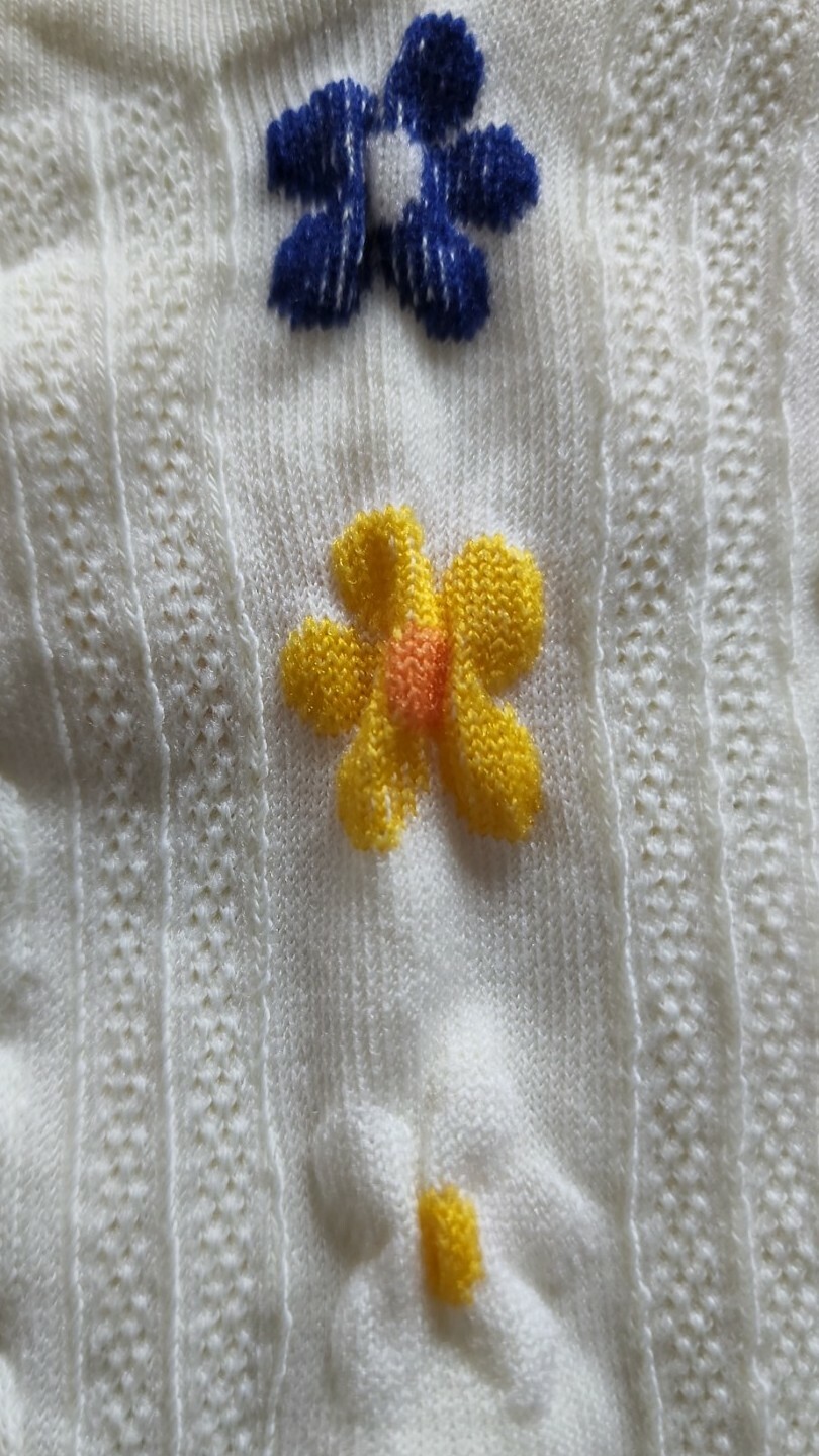 Handcrafted ~ Ivory ~ Embellished w/Multicolor Floral Design ~ Tight Knit Socks