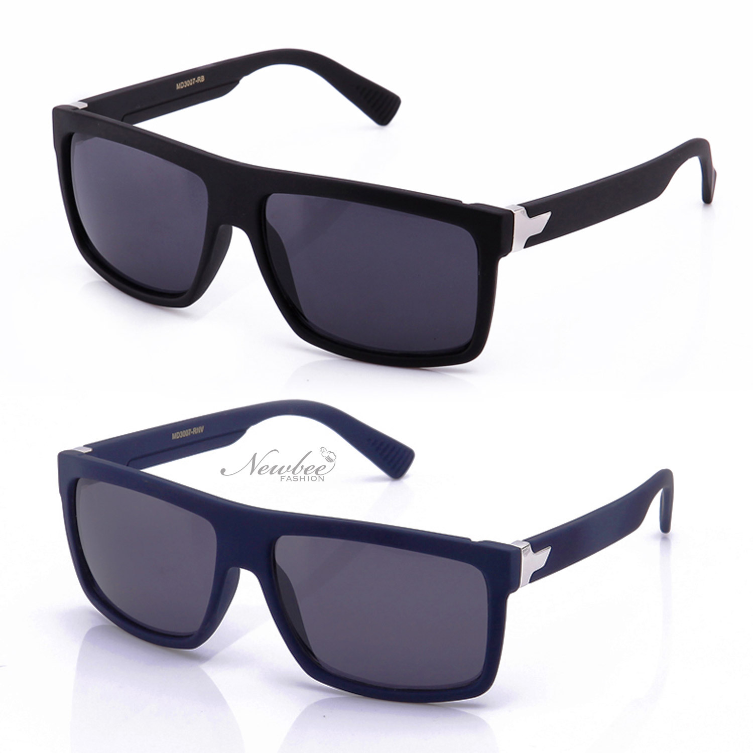 Classic Rubber Coated Frame Retangular Lens Sunglasses Matte Feel Black Blue